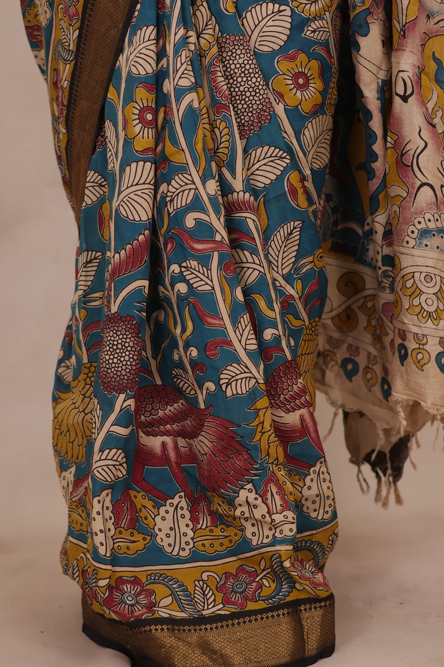 Blue Floral Kalamkari Nizam Border Chennur Silk Saree | Looms & Tassels