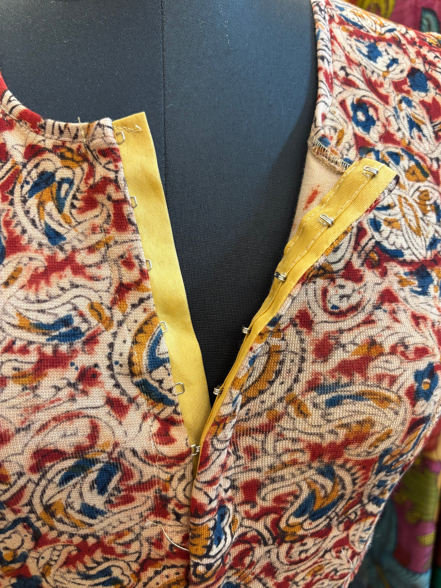 Round neck Stretchable Hand block printed kalamkari blouse with front hooks