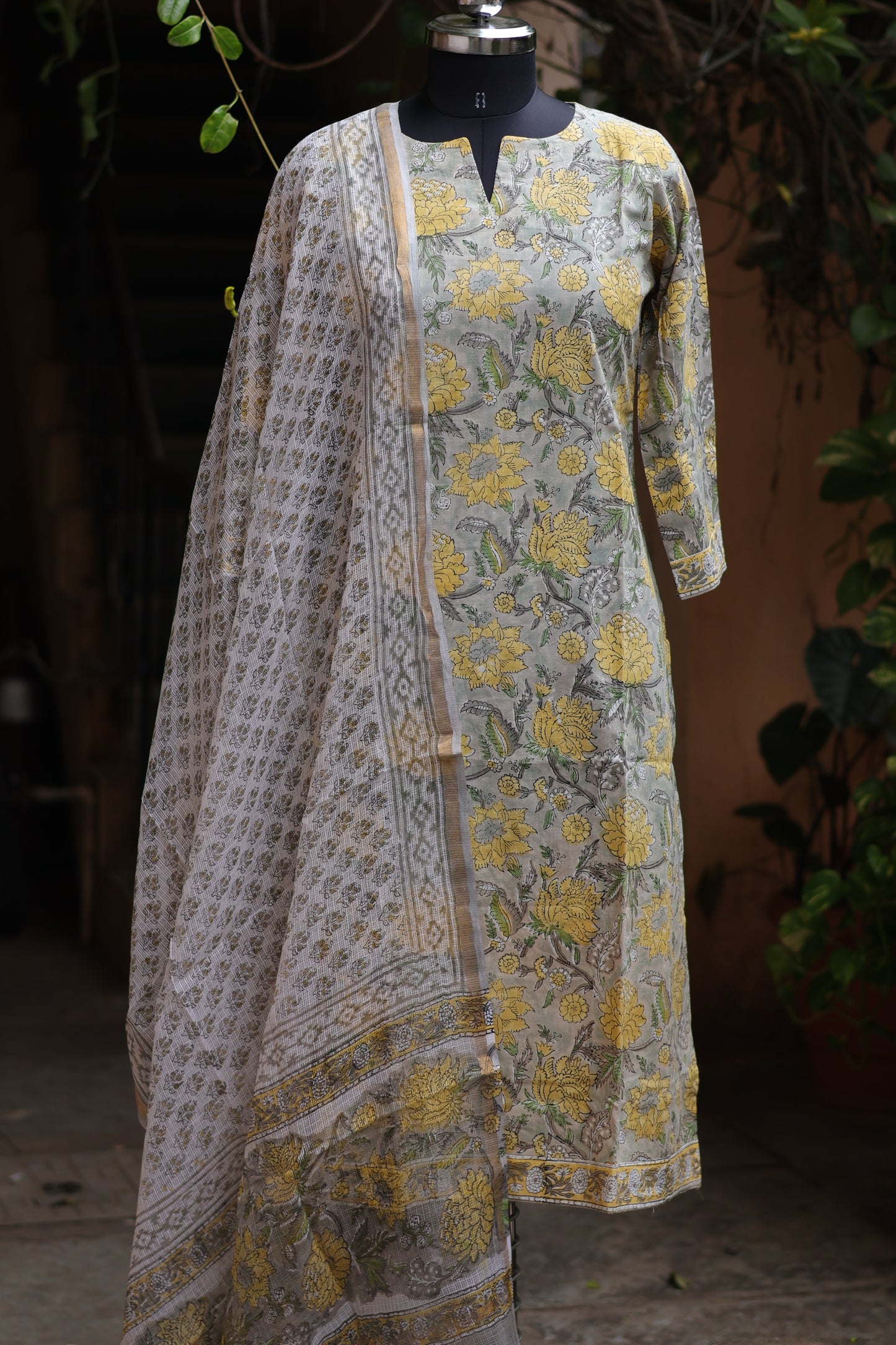Grey Handblock printed Pure Mul Cotton with Kota Doria Duppata 3 piece suit (stitched)