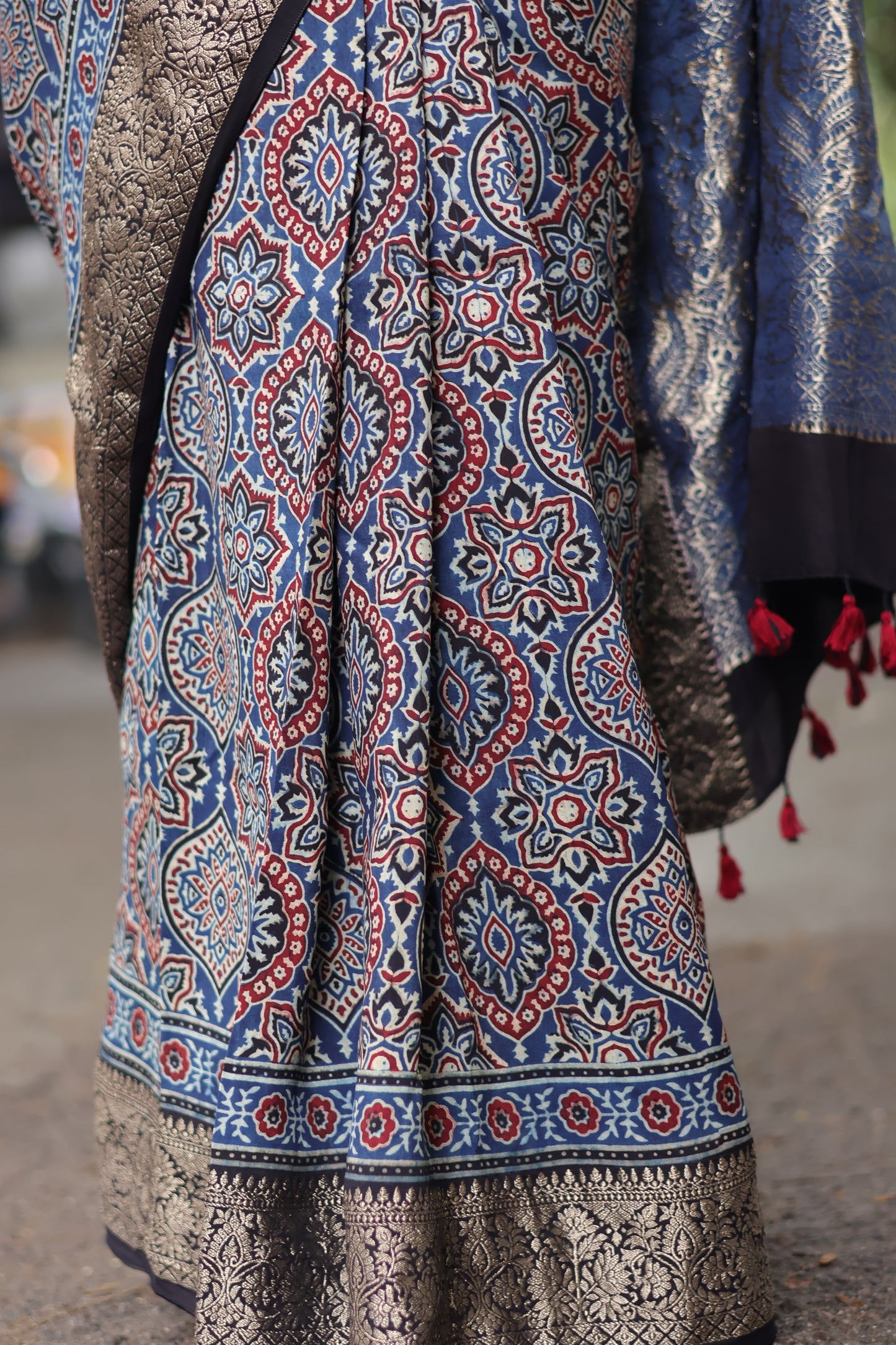 Indigo Ajrakh Dola Silk Saree