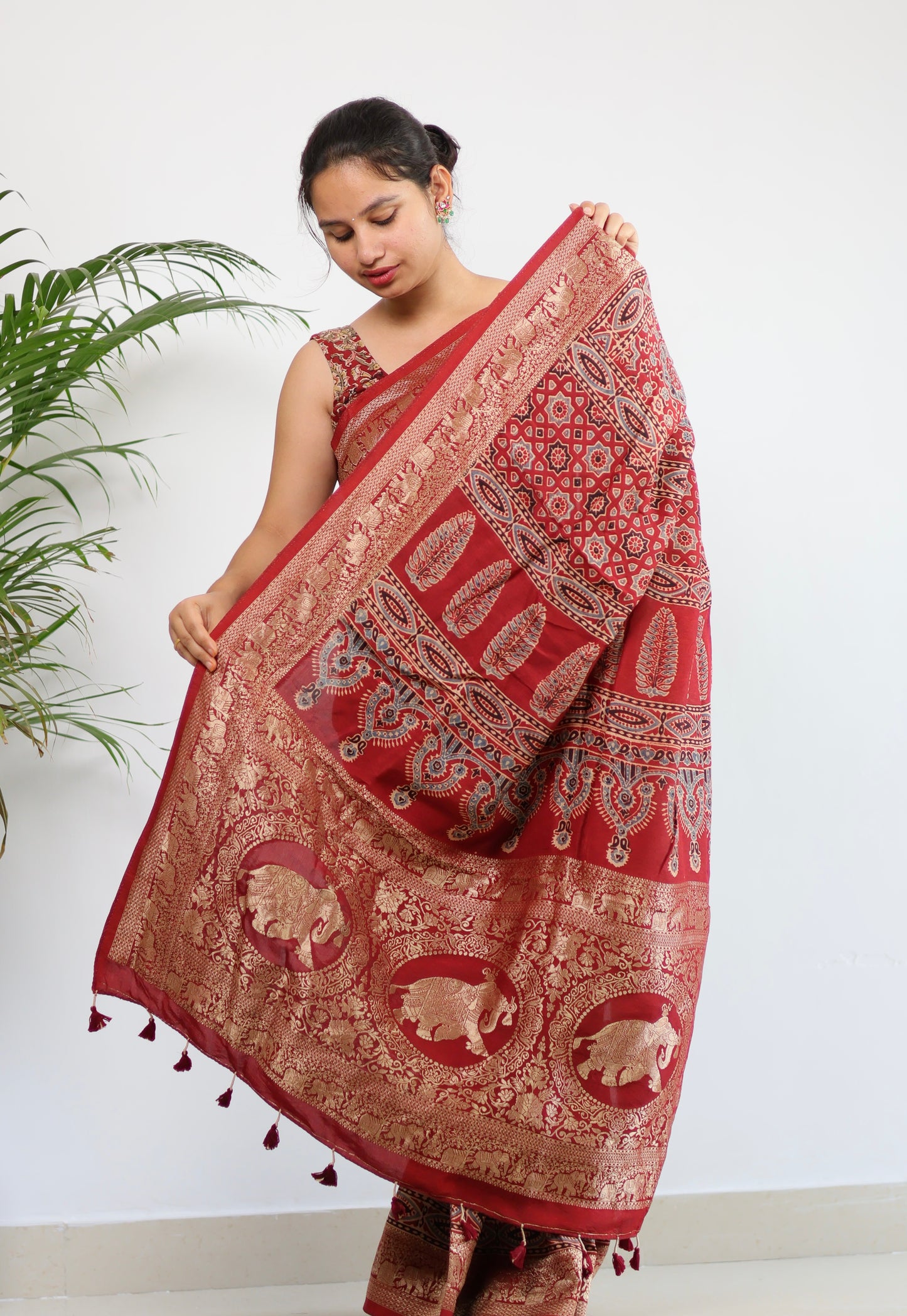 Red Ajrakh Dola Silk Saree