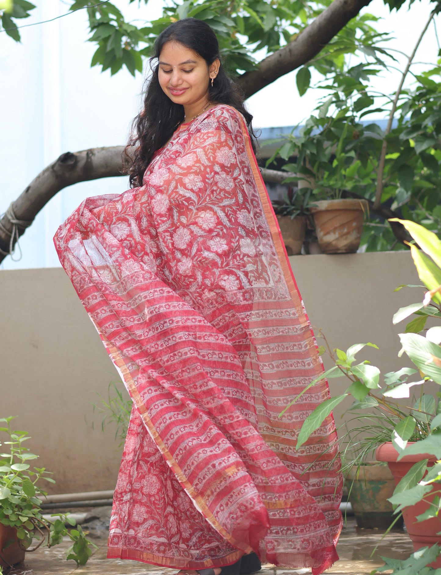 Red Bagru Hand block printed Kota Doriya Saree
