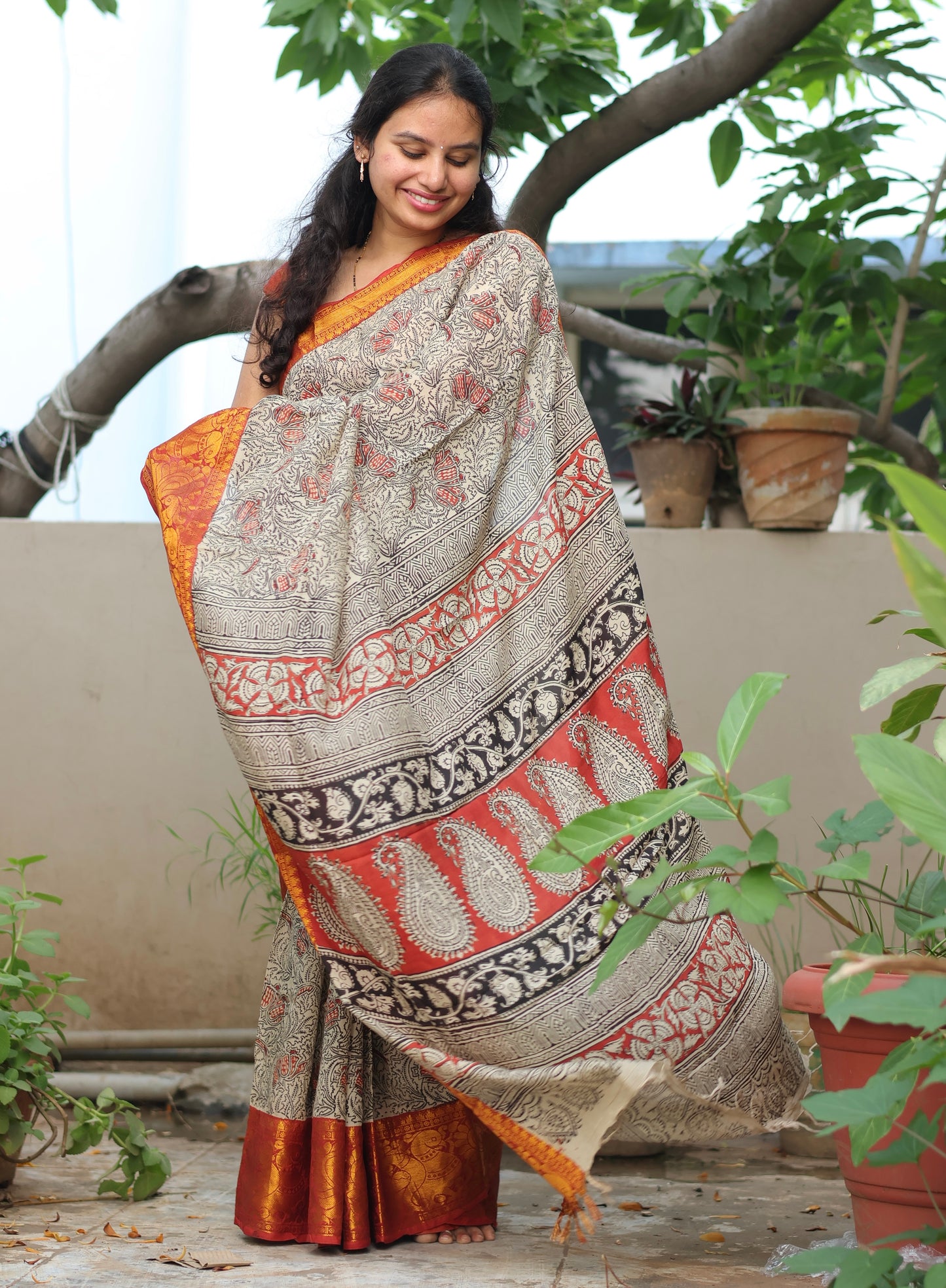 Kanchi Border Hand Block Printed kalamkari Silk Saree