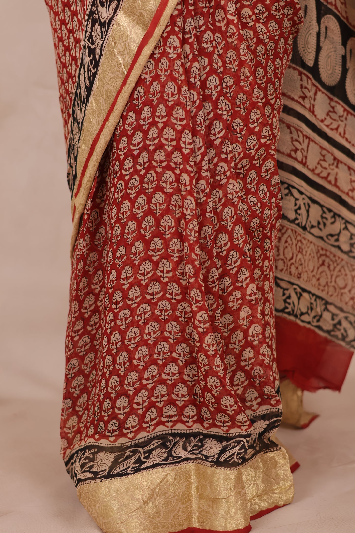 Maroon Chiffon Hand Block Printed Saree with Jari Border | Looms & Tassels