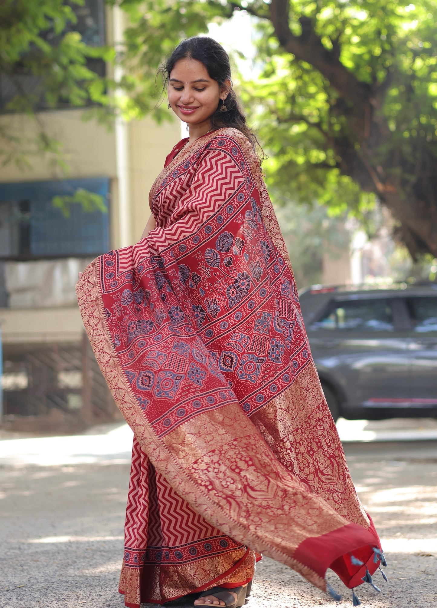 Contemporary Ajrakh Dola Silk Saree
