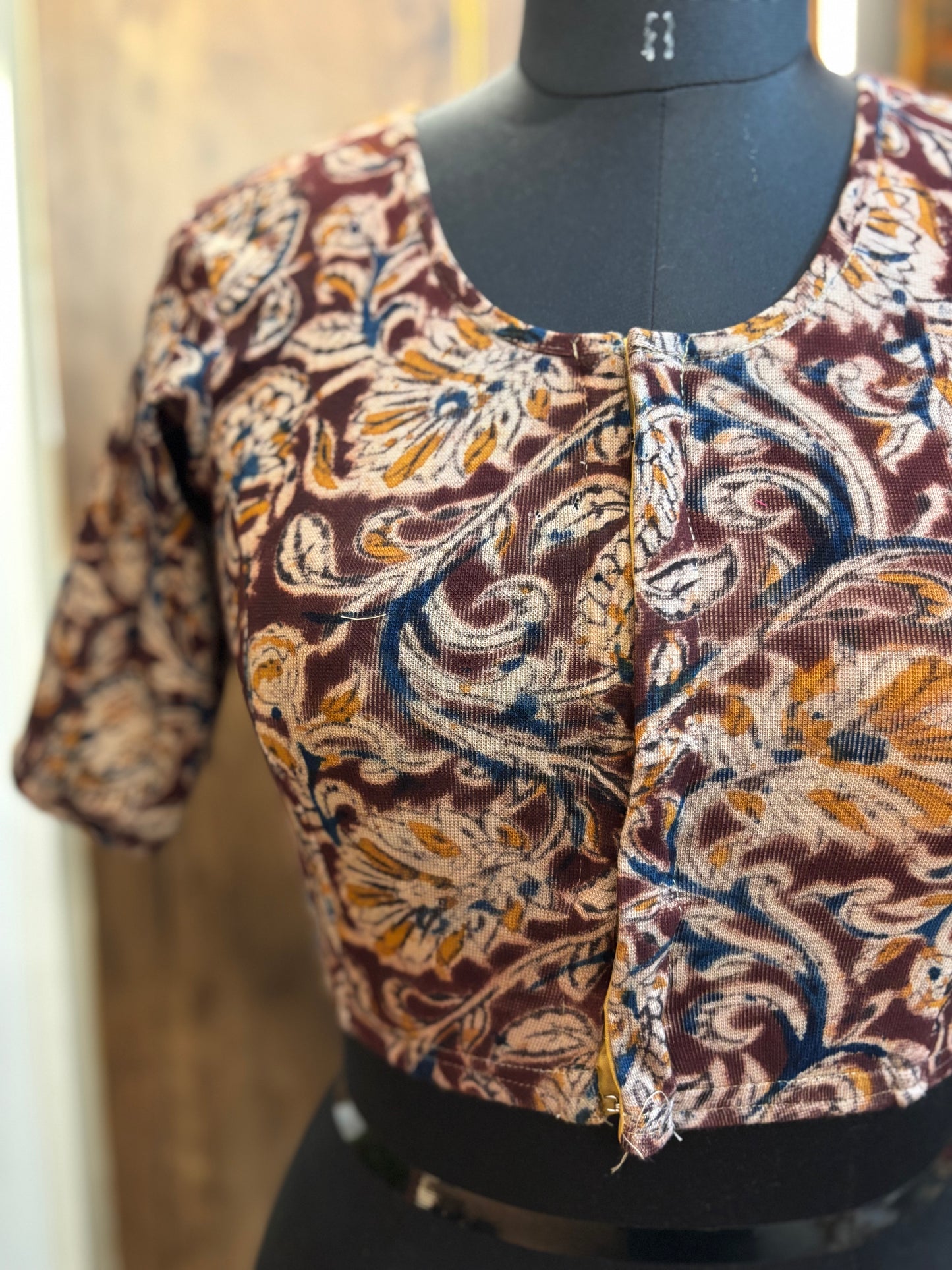 Round neck Stretchable Hand block printed kalamkari blouse with front hooks