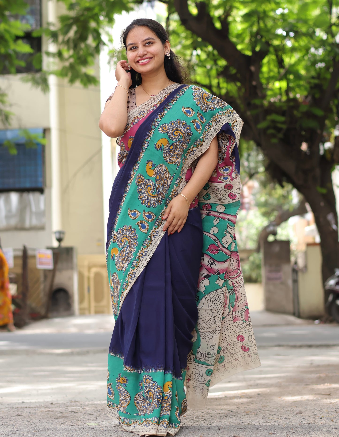 Blue Dual Color Border Kalamkari dyeing premium chennur silk saree