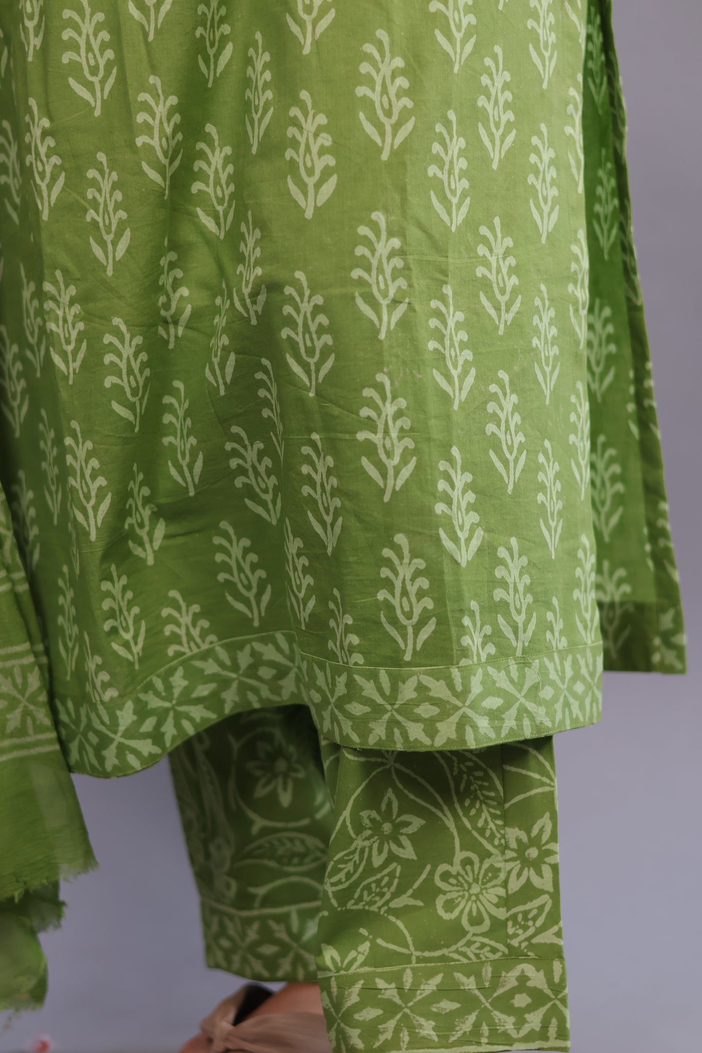 Green Handblock printed Pure Mul Cotton with Mul Cotton Duppata 3 piece suit (stitched)