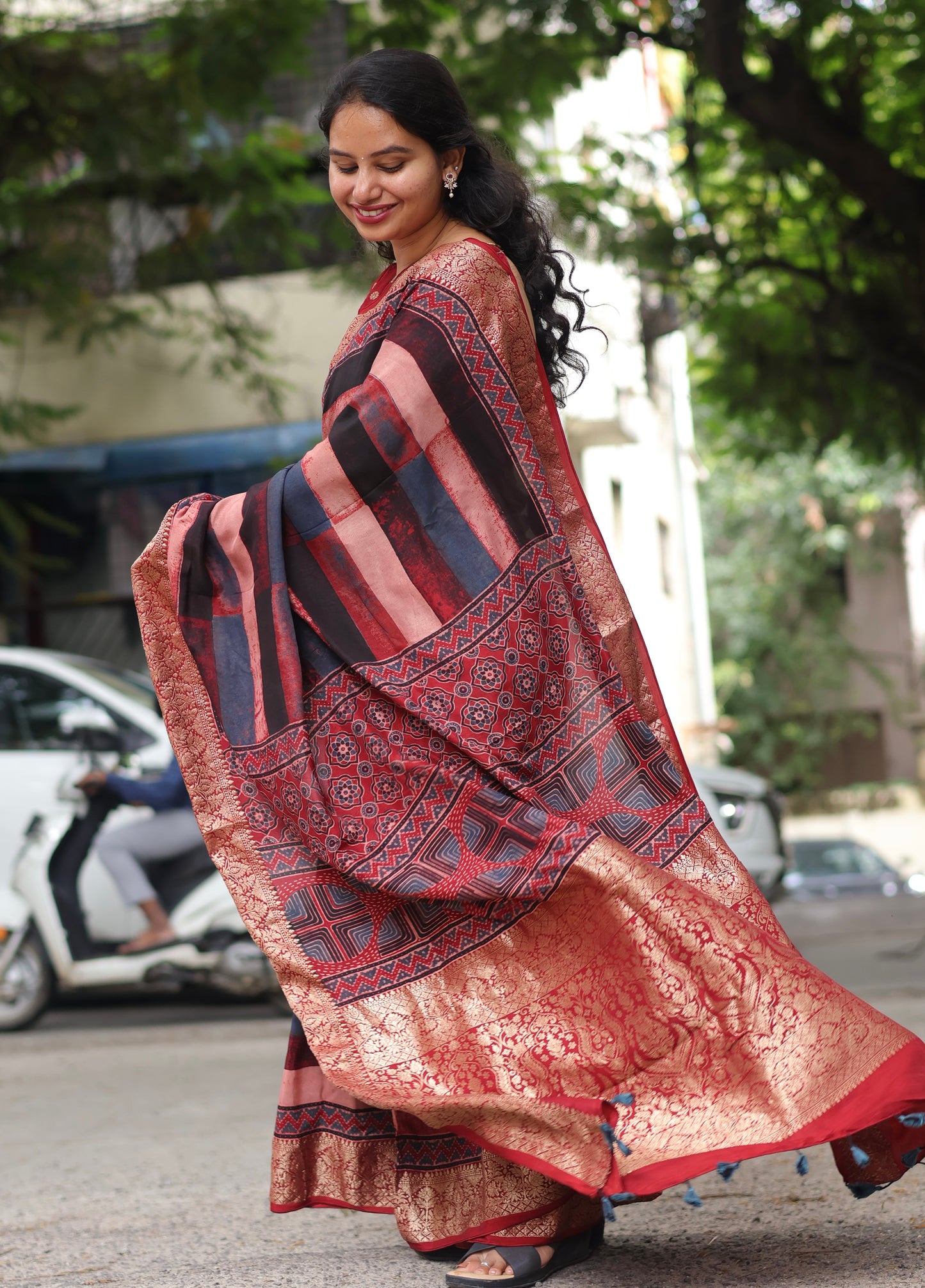 Stripes Contemporary Ajrakh Dola Silk Saree