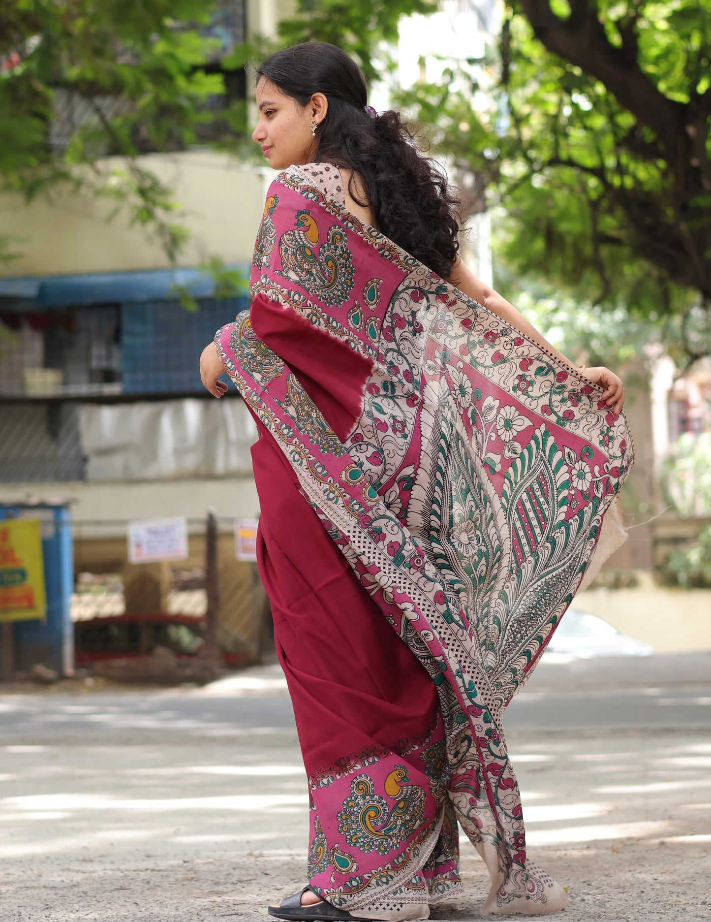 Wine & Pink Kalamkari dyeing premium chennur silk saree