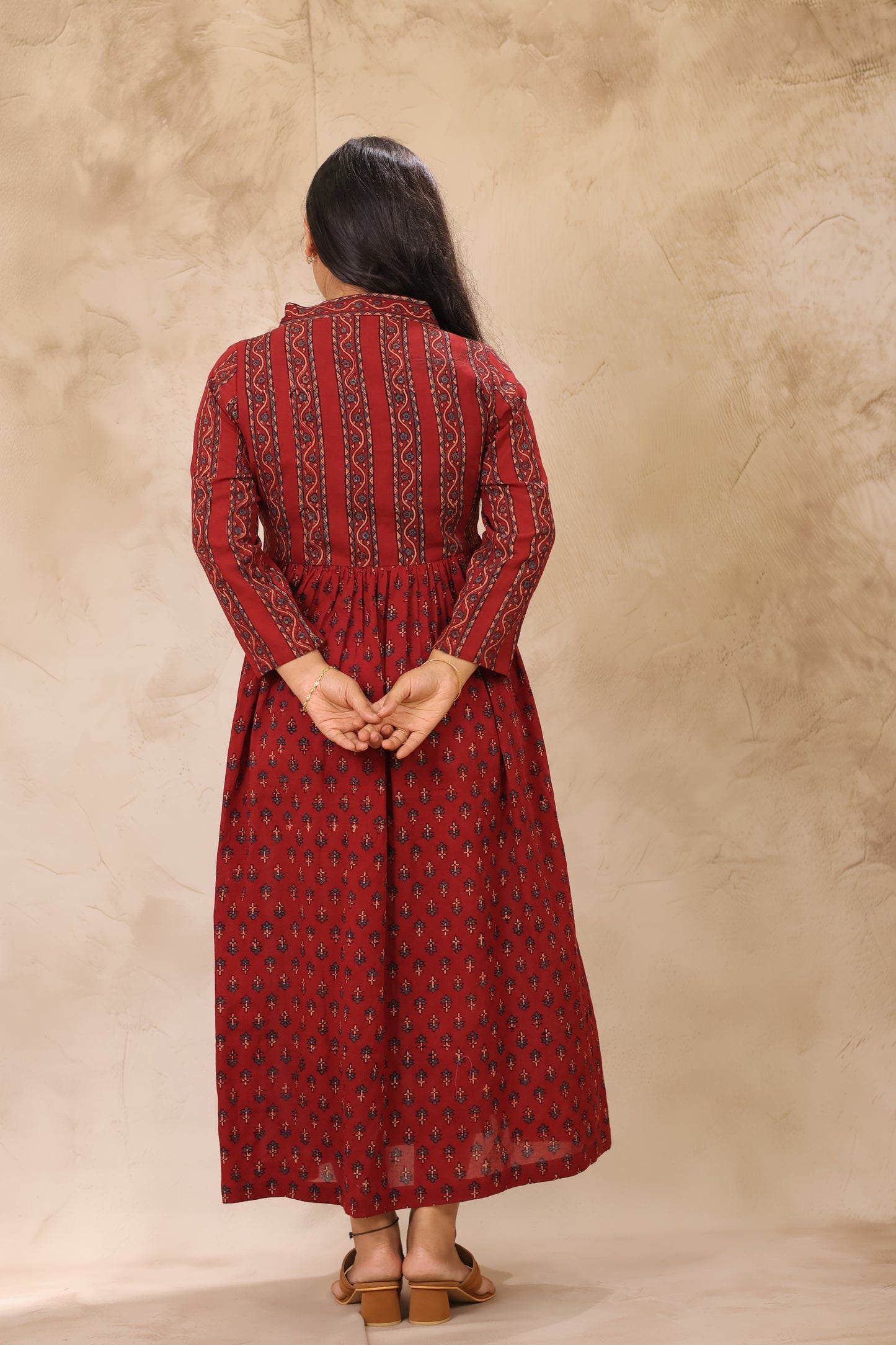 Maroon Ajrakh Hand Block Printed Pure Mul Cotton Aline Kurta | Looms & Tassels
