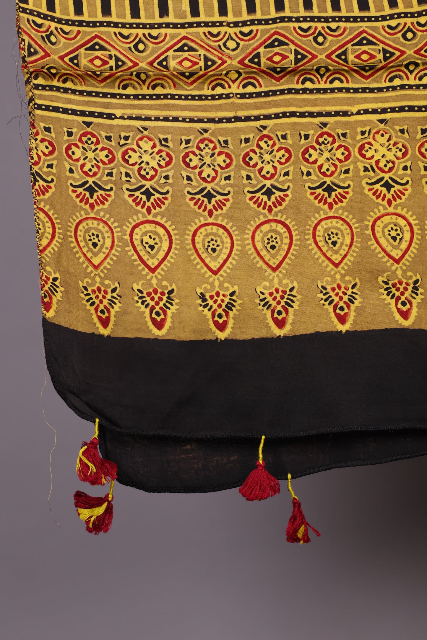 Mustard Ajrakh Hand Block Printed Modal Silk Stole | Looms & Tassels