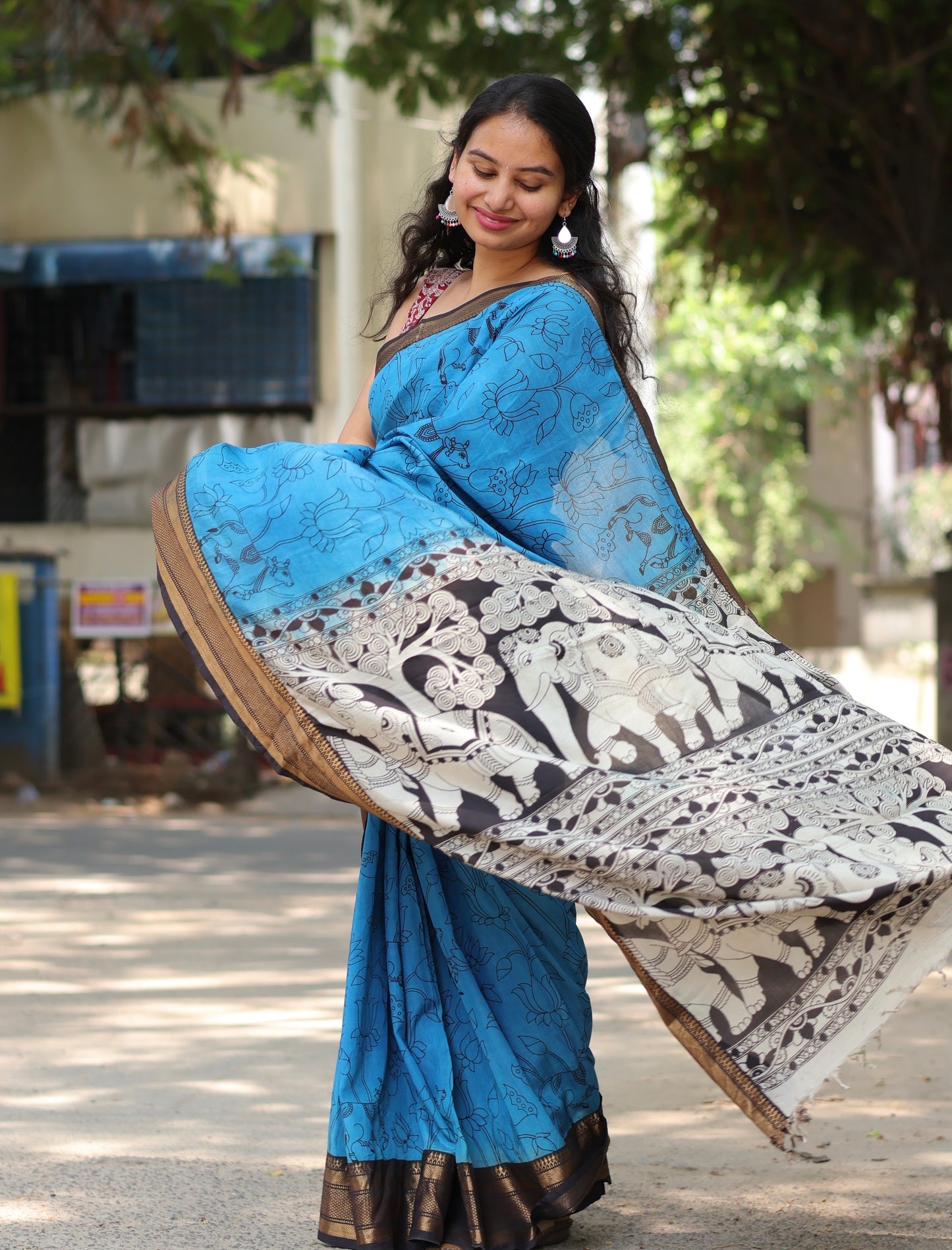 Blue Dyeing Outline kalamkari silk saree
