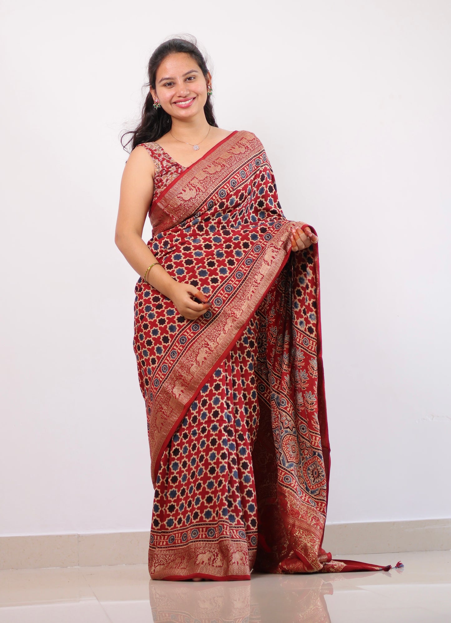 Ajrakh Dola Silk Saree