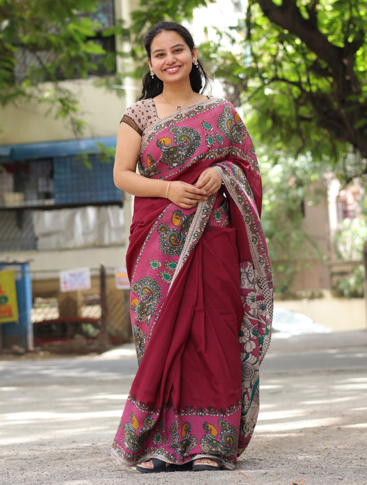 Wine & Pink Kalamkari dyeing premium chennur silk saree