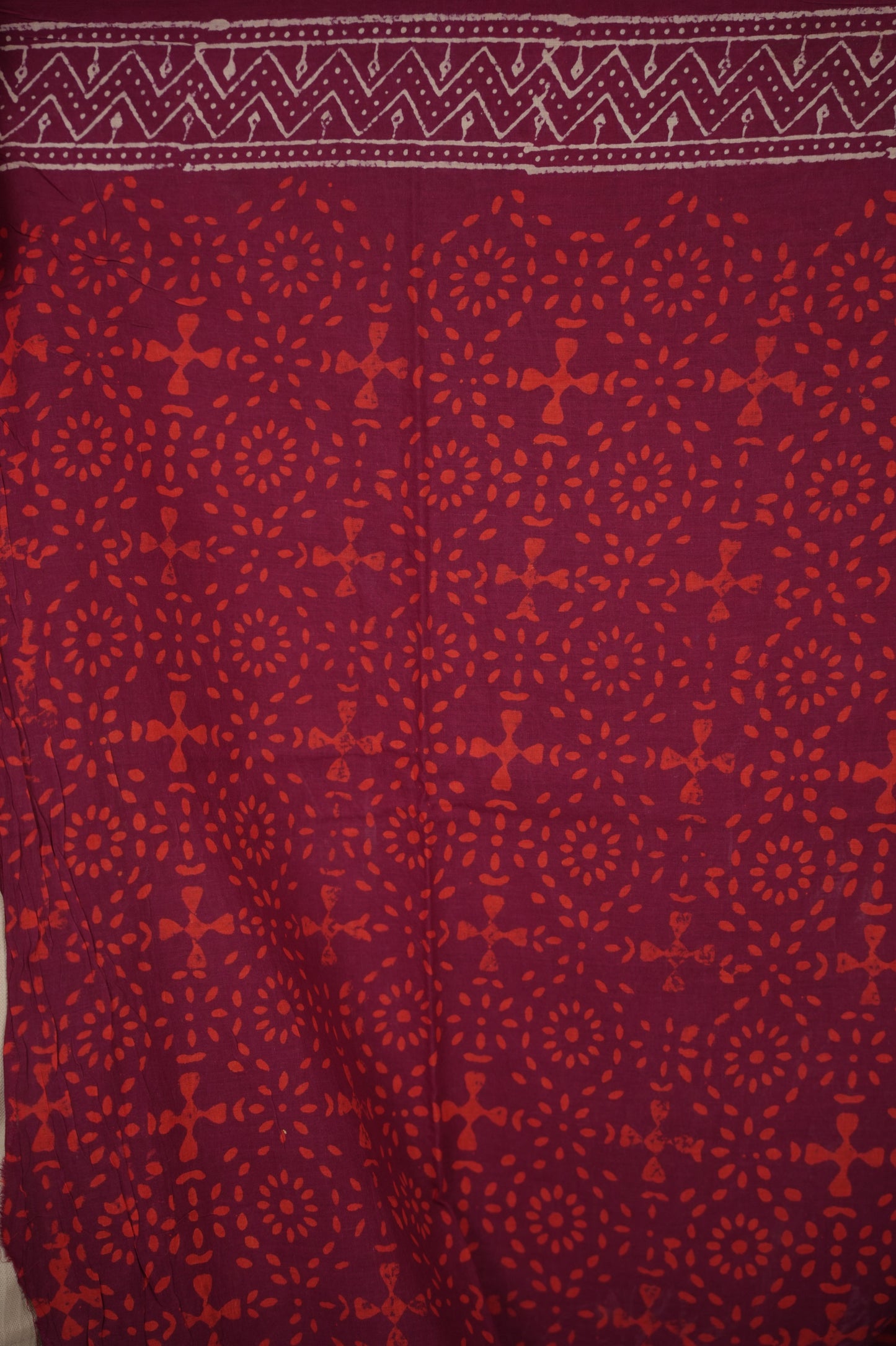 Maroon Bagru Handblock printed MulMul cotton saree | Looms & Tassels