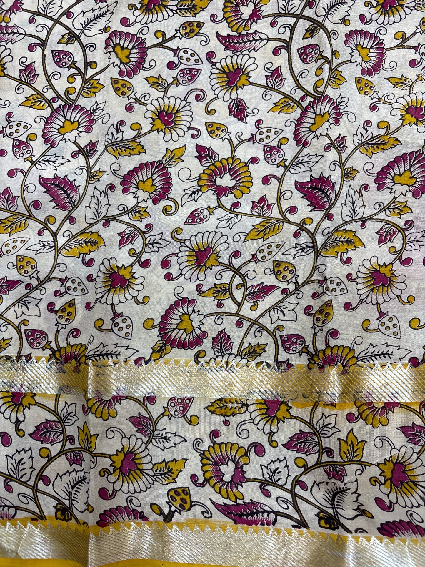 Golden Yellow Checks Kalamkari dyeing premium chennur silk saree
