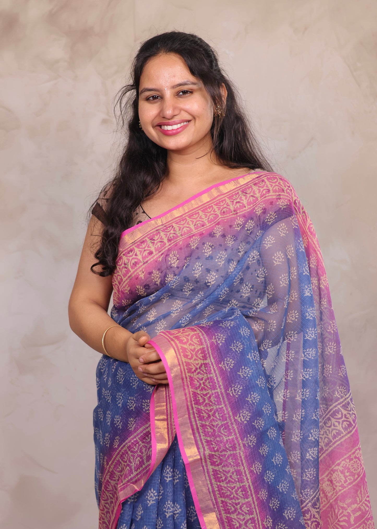Blue And Rani pink Dual Shade Pure Kota Doria Saree with Bagru Handblock Prints | Looms & Tassels