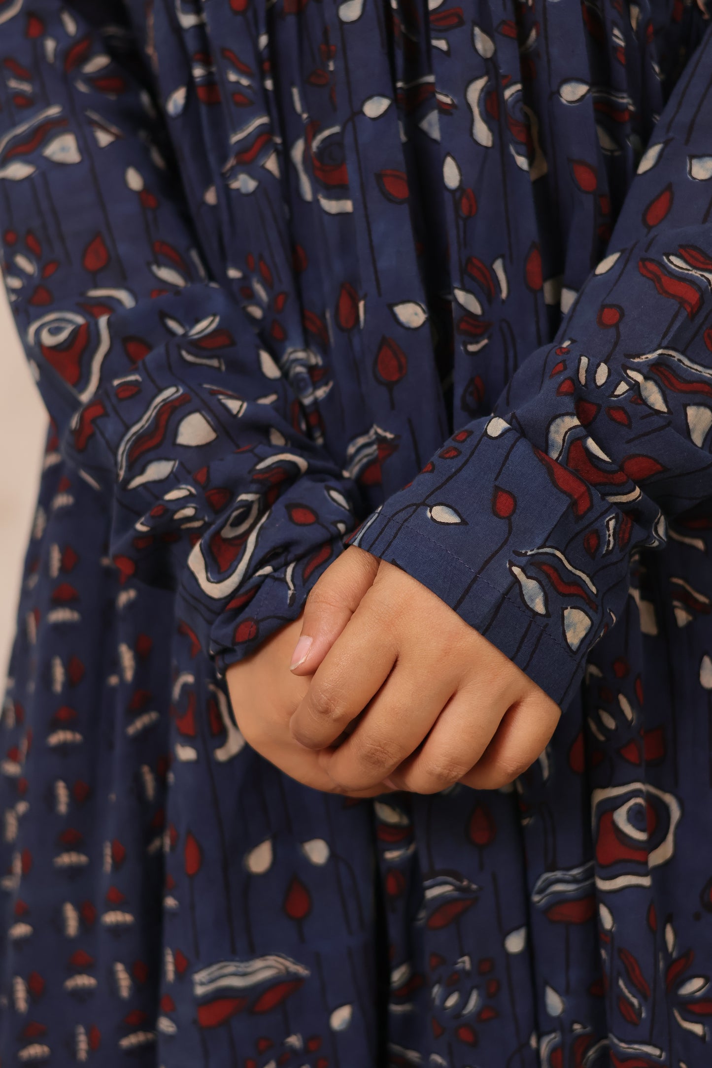 Indigo Ajrakh Hand Block Printed Pure Mul Cotton Aline Kurta | Looms & Tassels