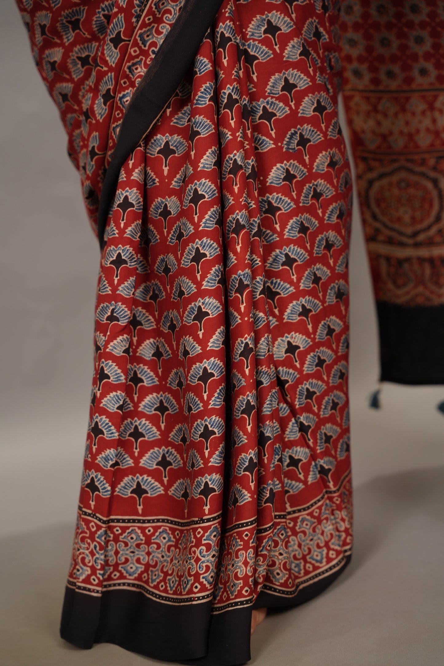 Maroon Authentic Ajrakh Handblock Printed Modal Silk Saree | Looms & Tassels
