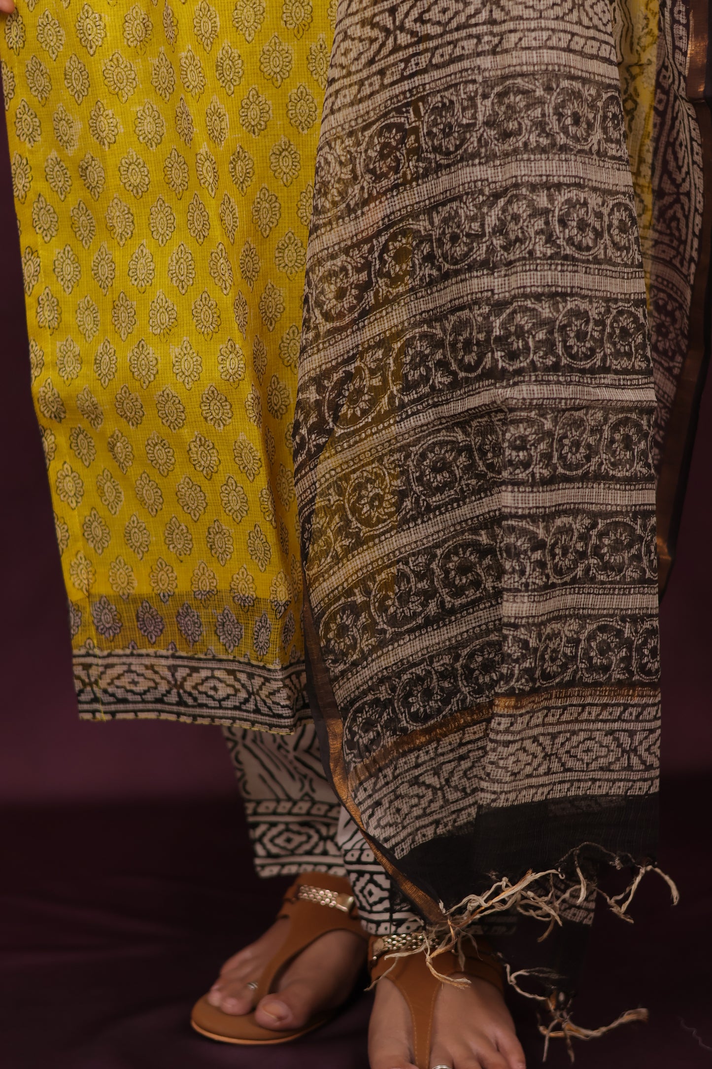 Yellow Handblock printed kota 3 piece suit (stitched)