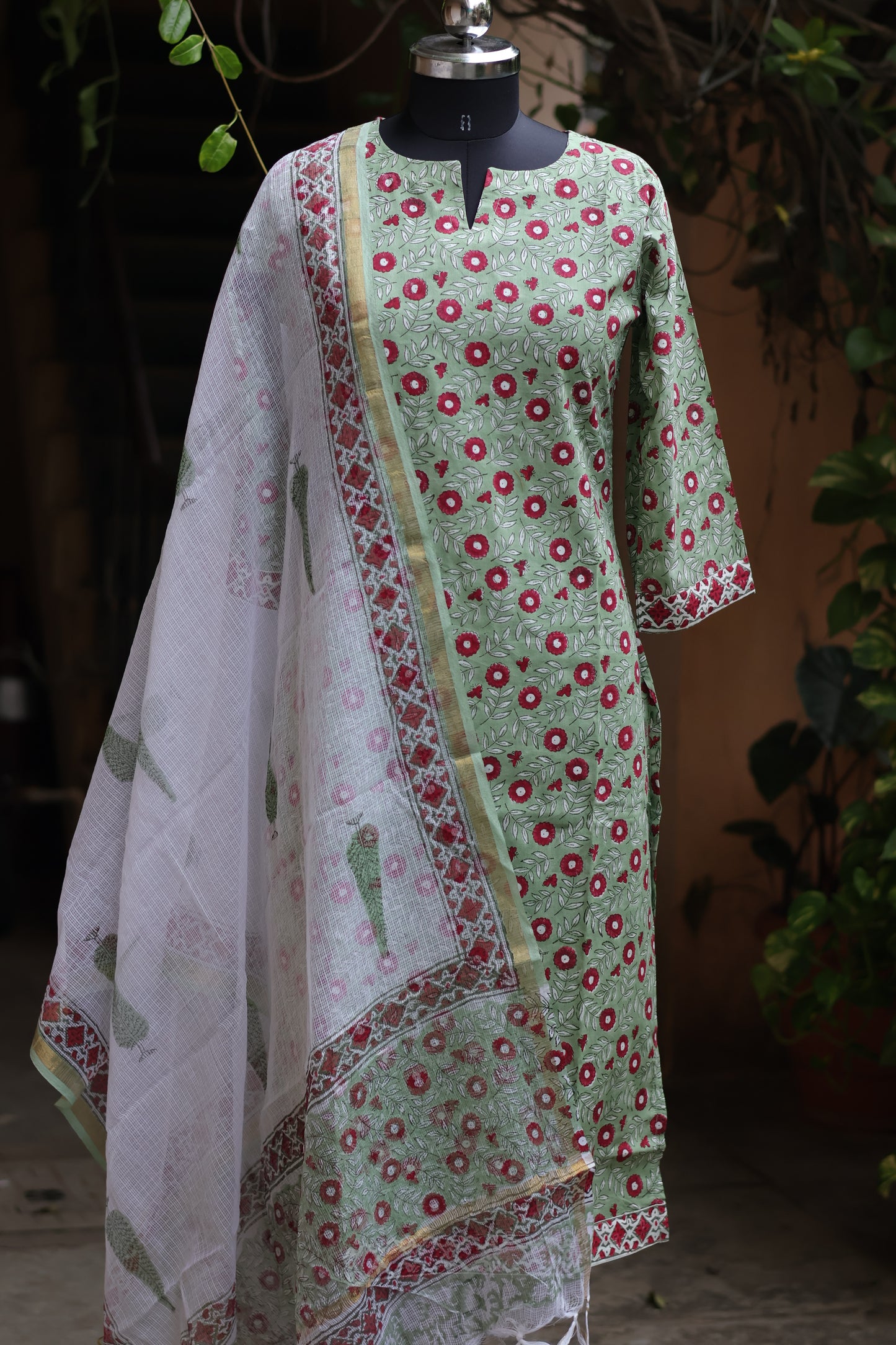 Pista Green Handblock printed Pure Mul Cotton with Kota Doria Duppata 3 piece suit (stitched)