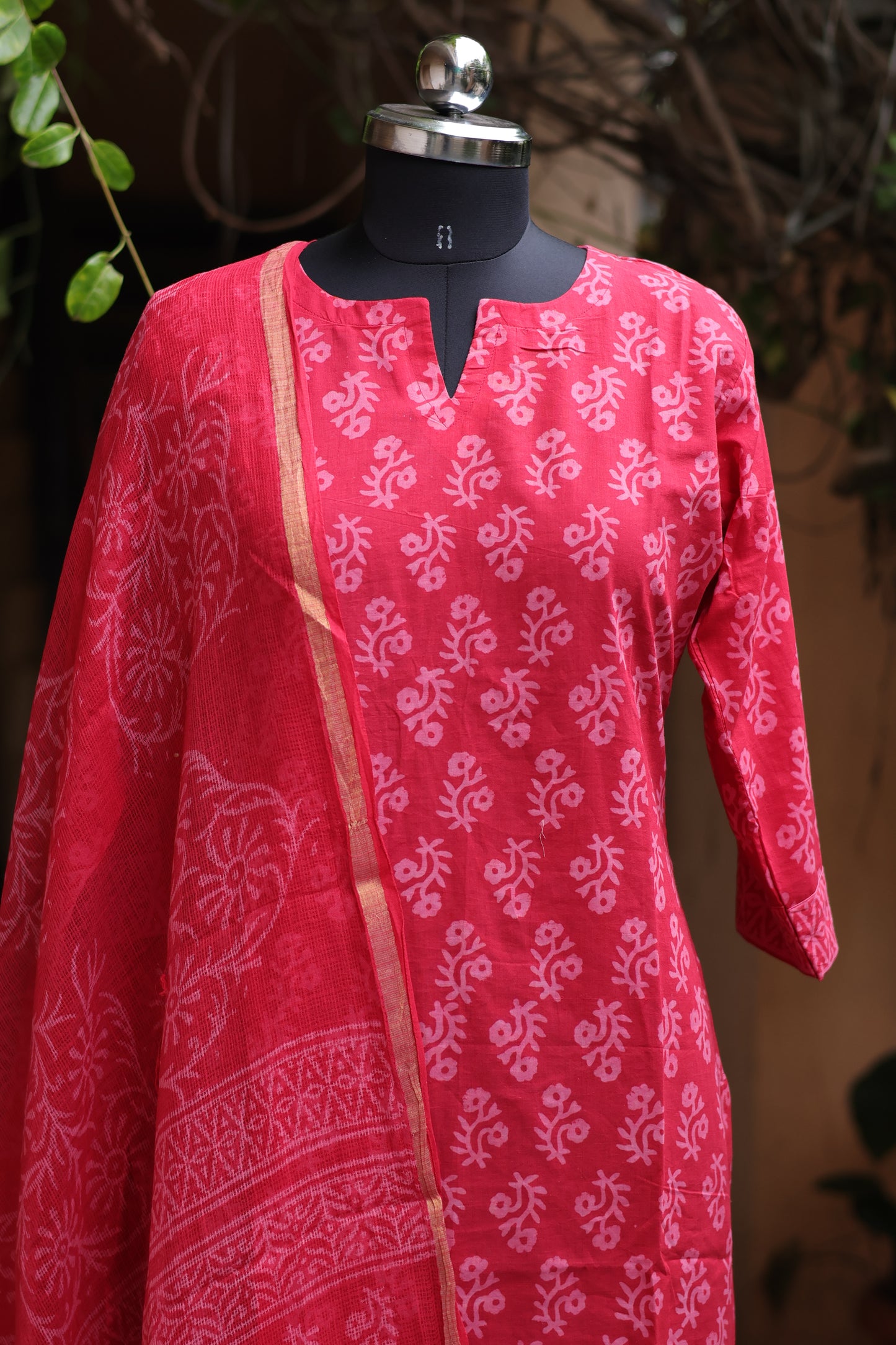 Handblock printed Pure Mul Cotton with Kota Doria Duppata 3 piece suit (stitched)