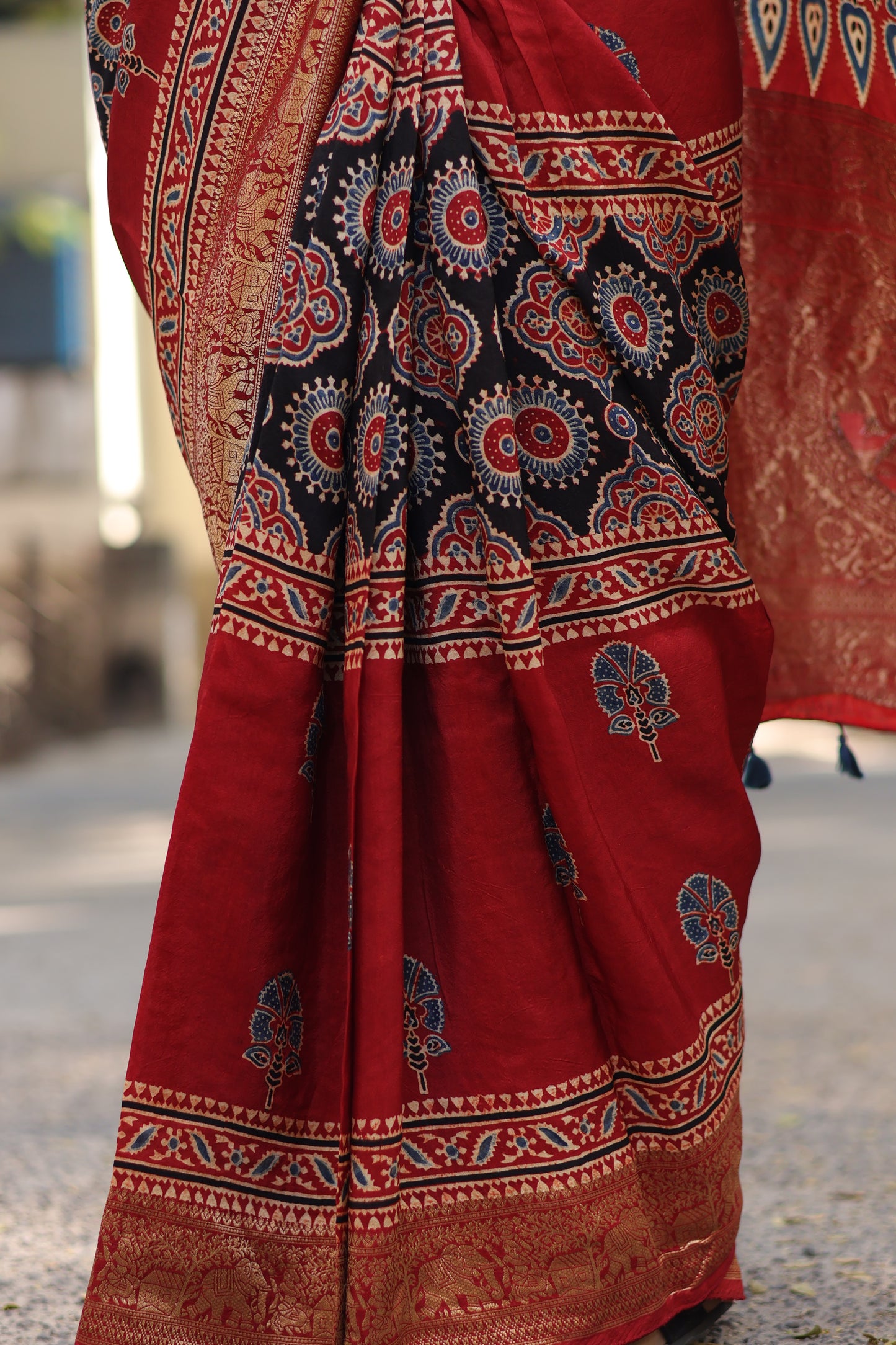 Red & Black Authentic Ajrakh Handblock Printed Dola Silk Saree | Looms & Tassels