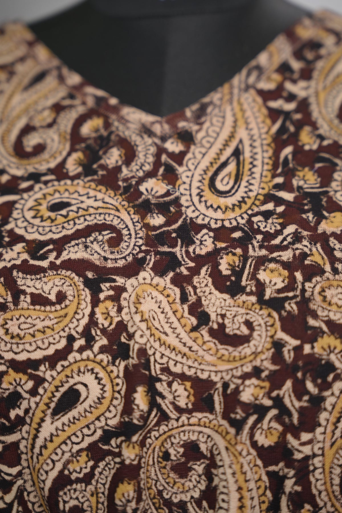 Maroon V Neck Stretchable Hand block printed kalamkari blouse (small hands) | Looms & Tassels