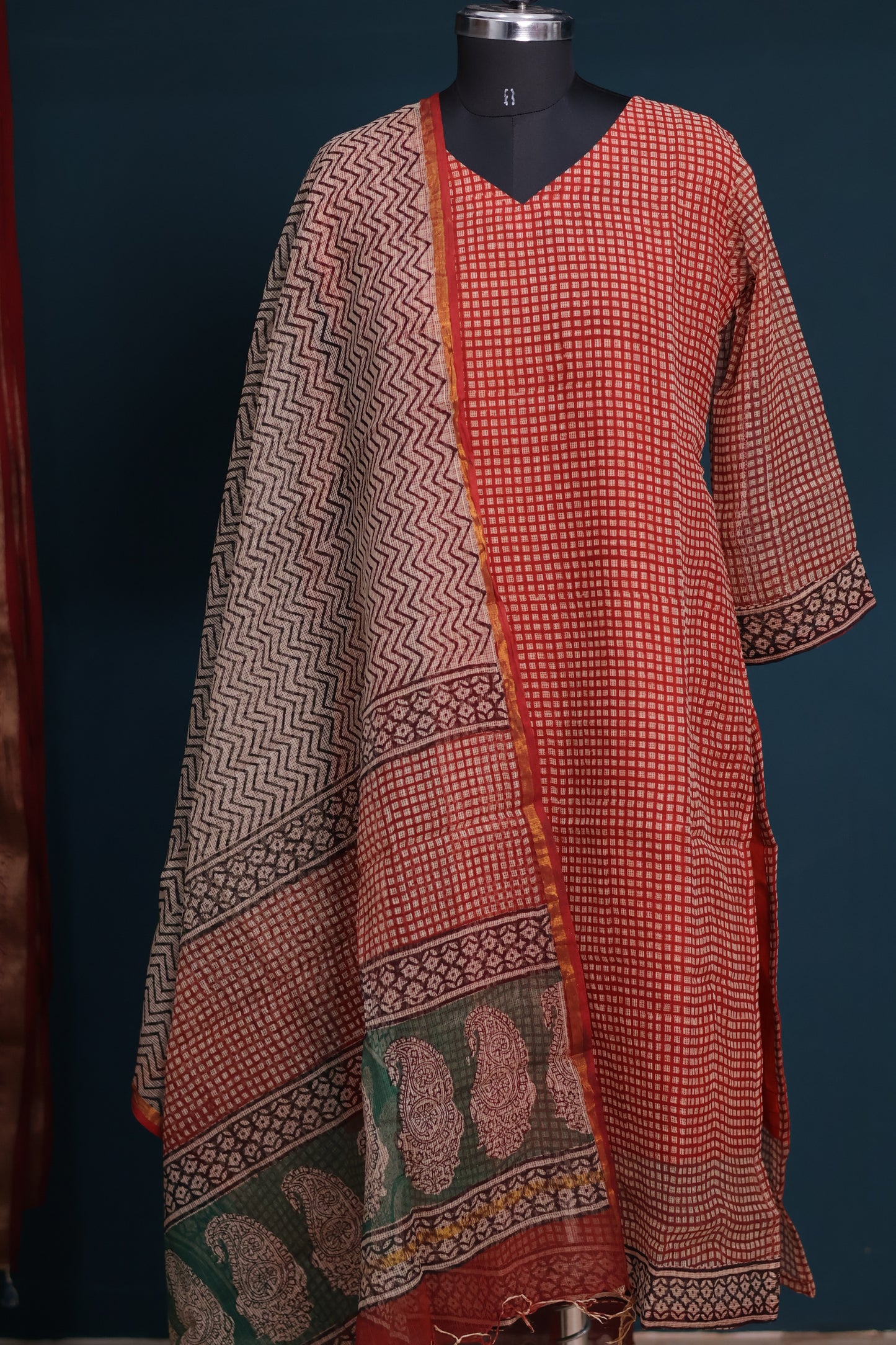Handblock printed kota 3 piece suit (stitched)