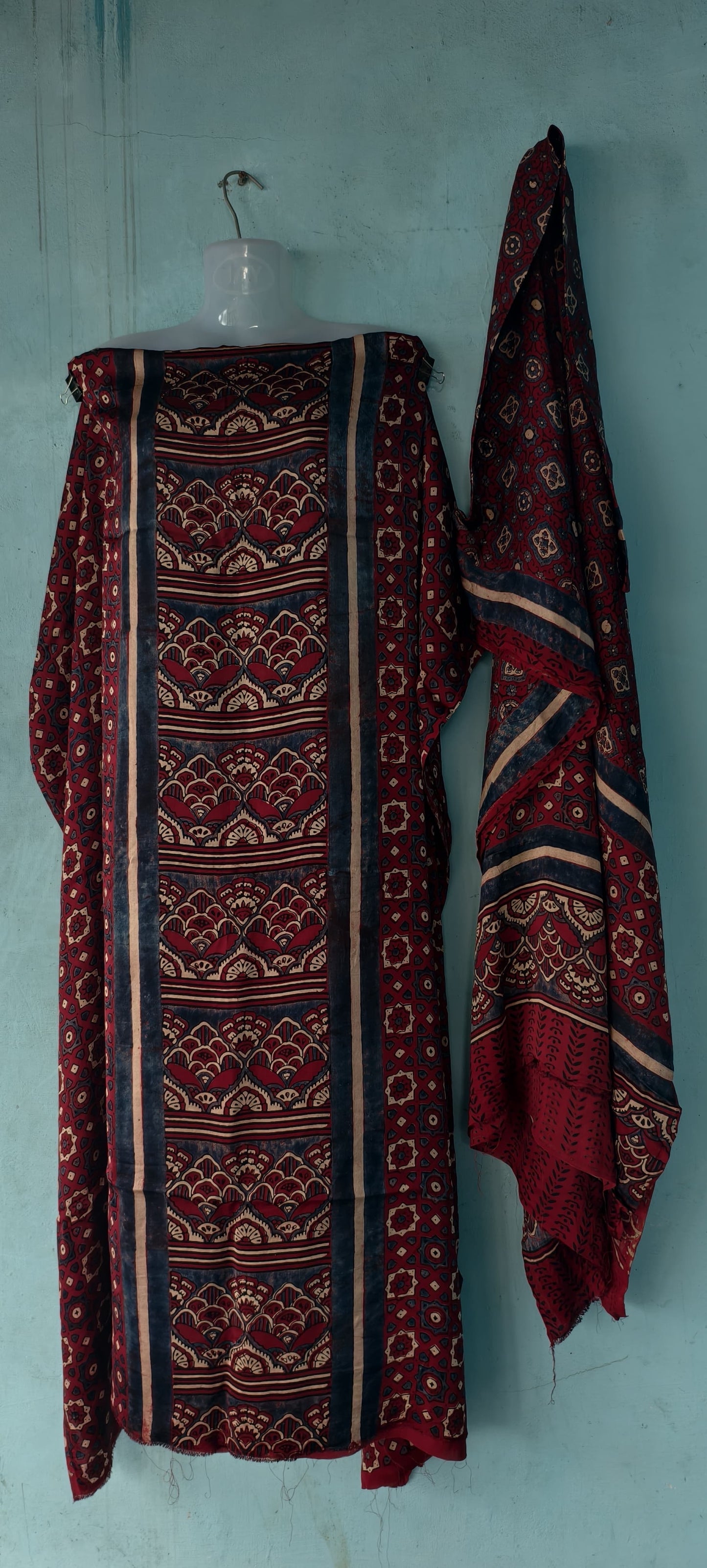 Handblock printed Ajrakh modal silk 2 piece suit set