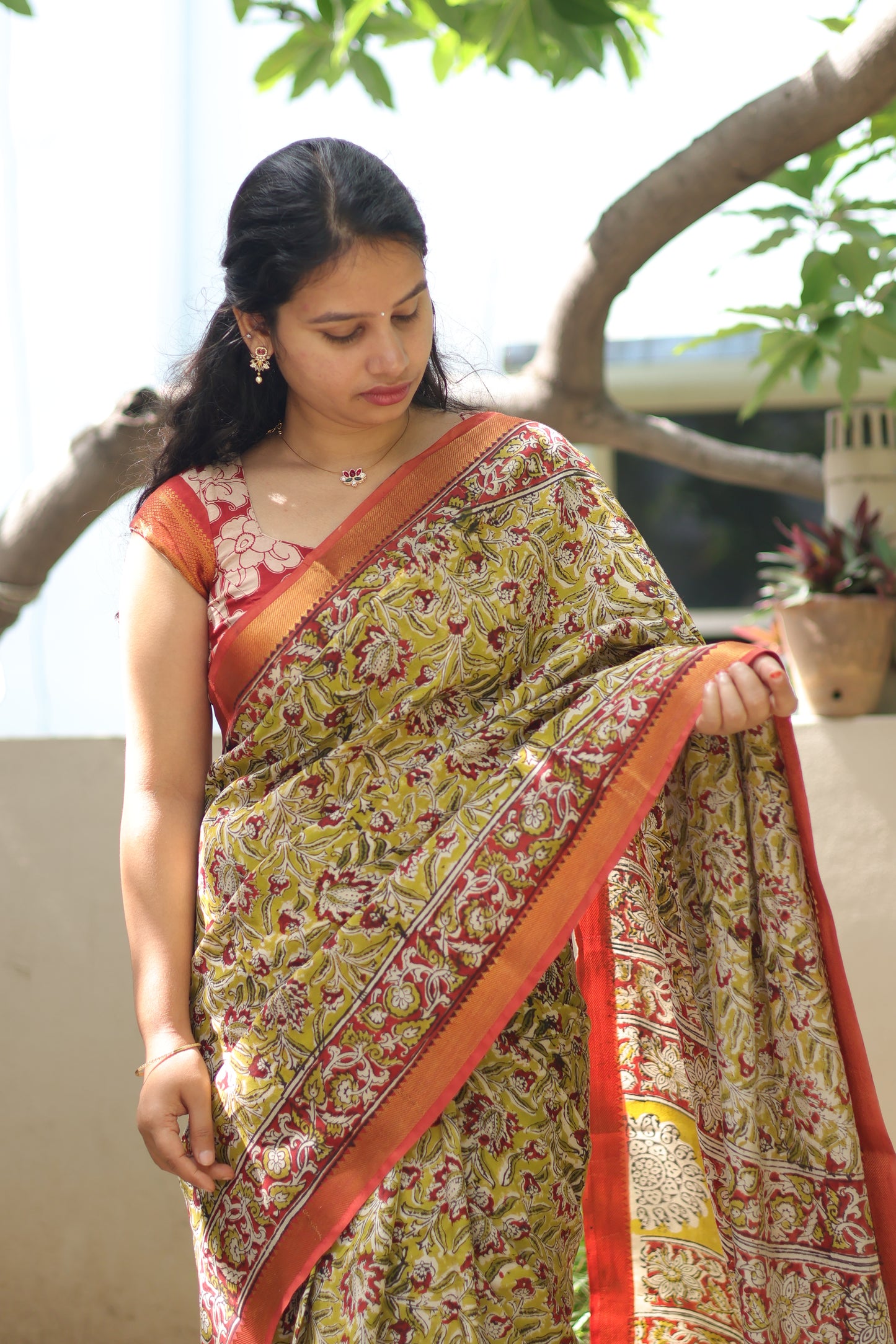 Mustard Hand Block Printed Kalamkari Nizam Border Silk Sare