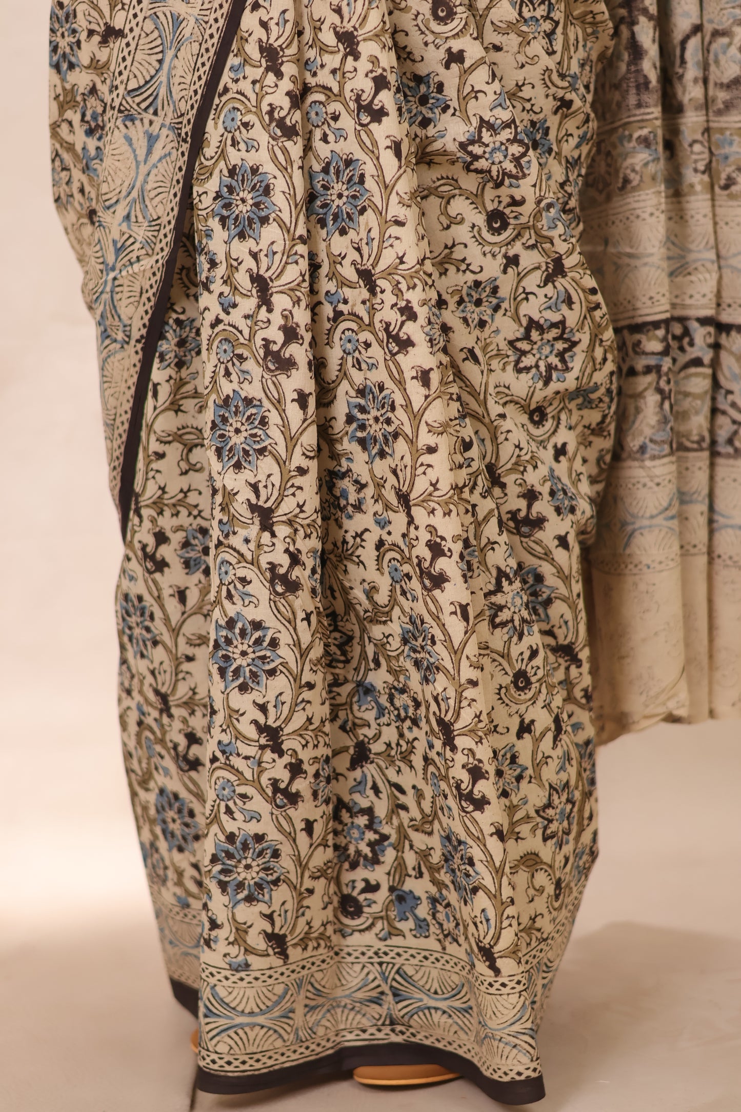 Cream Hand Block Printed Kalamkari Cotton Saree | Looms & Tassels