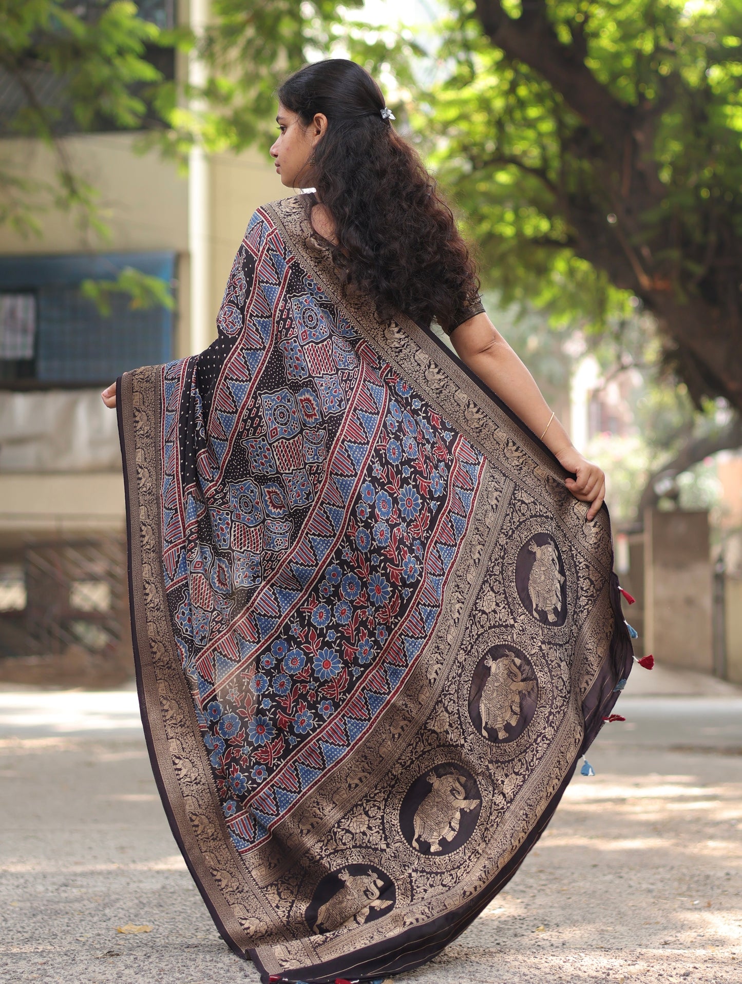 Ajrakh Dola Silk Saree