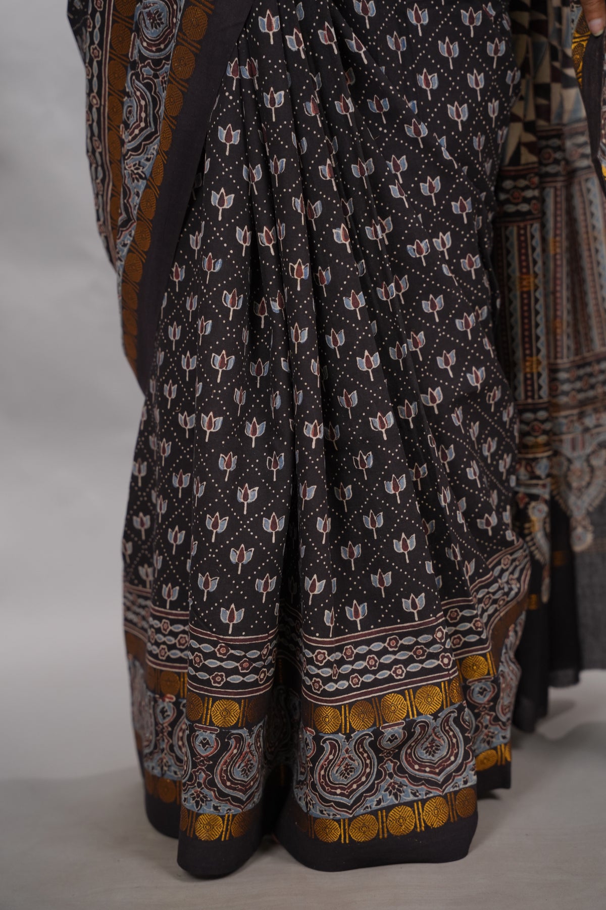 Black Ajrakh Hand Block Printed Sungudi Cotton Saree | Looms & Tassels