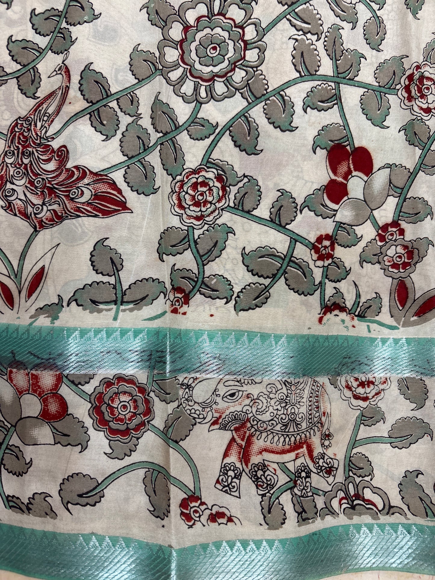 Sea Green Checks Kalamkari dyeing premium chennur silk saree