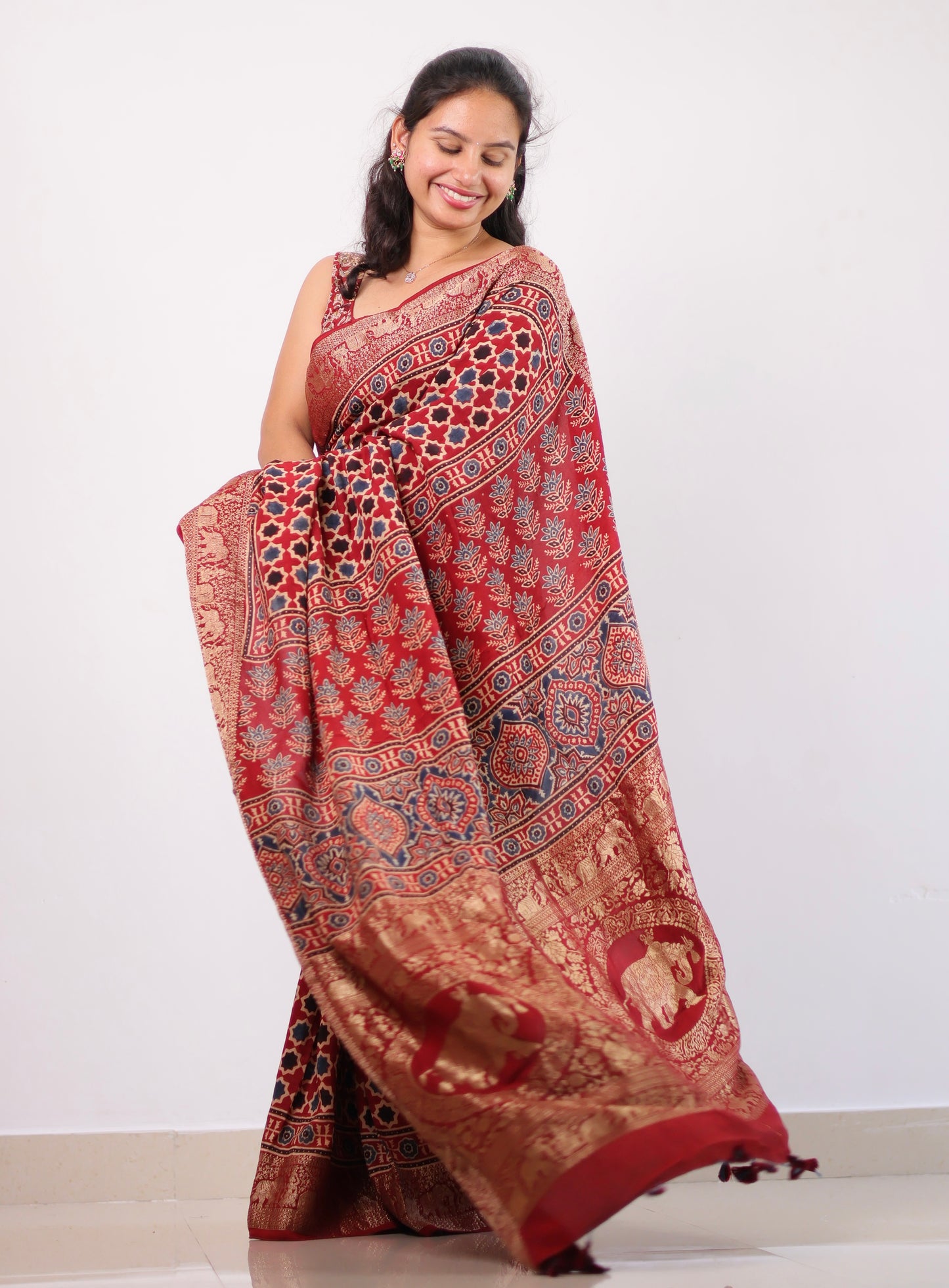 Ajrakh Dola Silk Saree