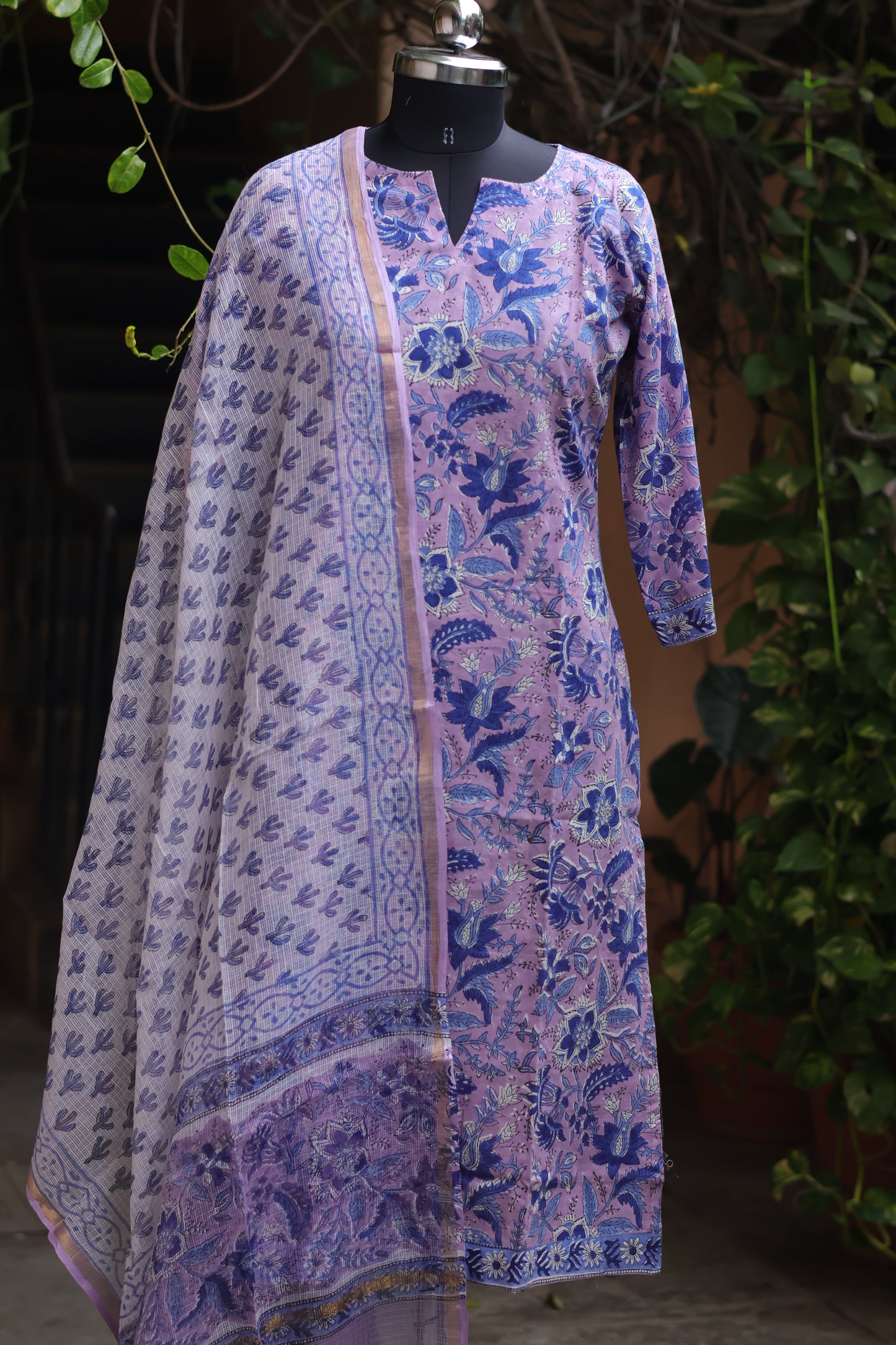 Lavender Handblock printed Pure Mul Cotton with Kota Doria Duppata 3 piece suit (stitched)