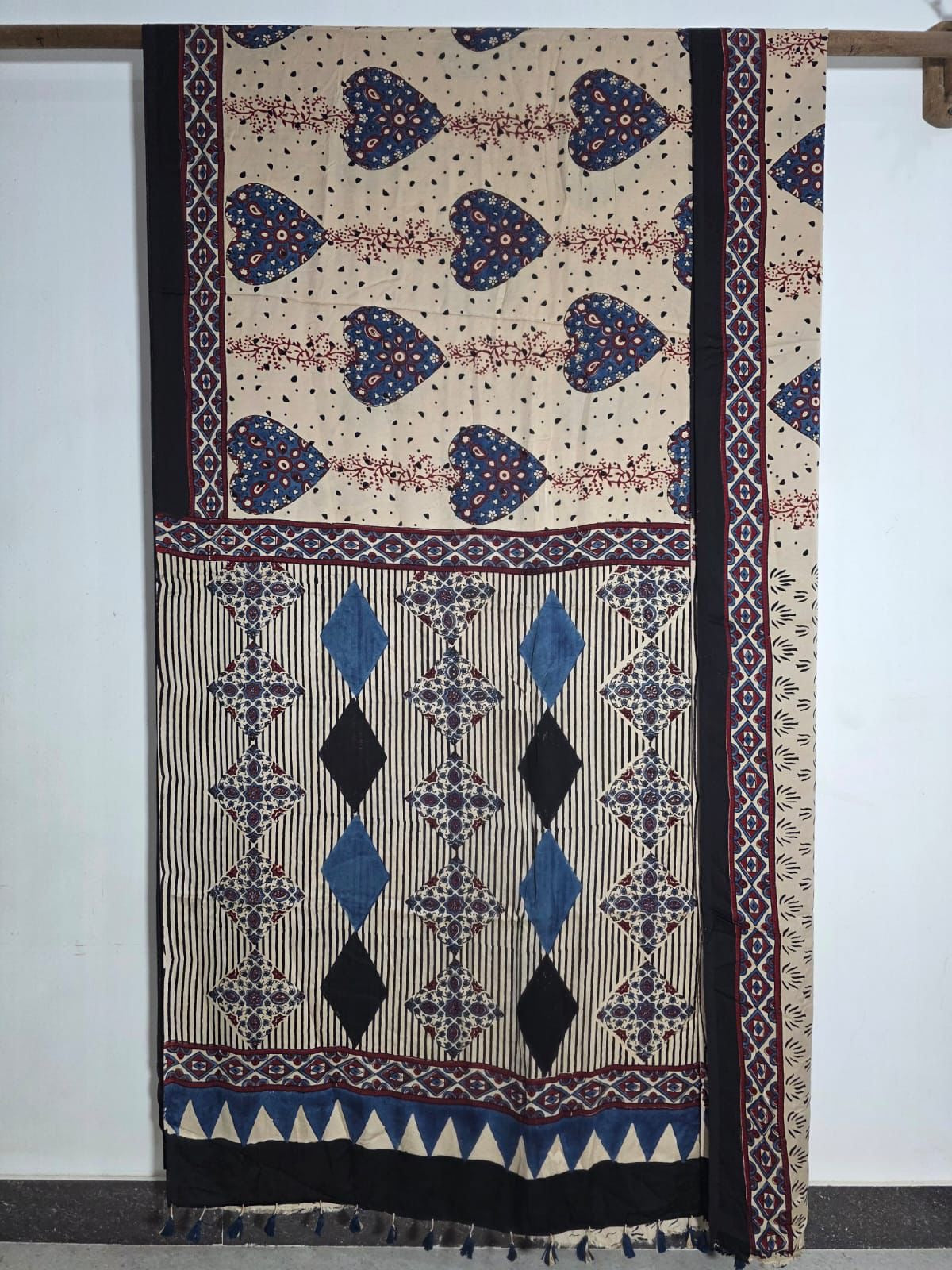 Cream Exclusive Ajrakh Handblock Printed Modal Silk Saree