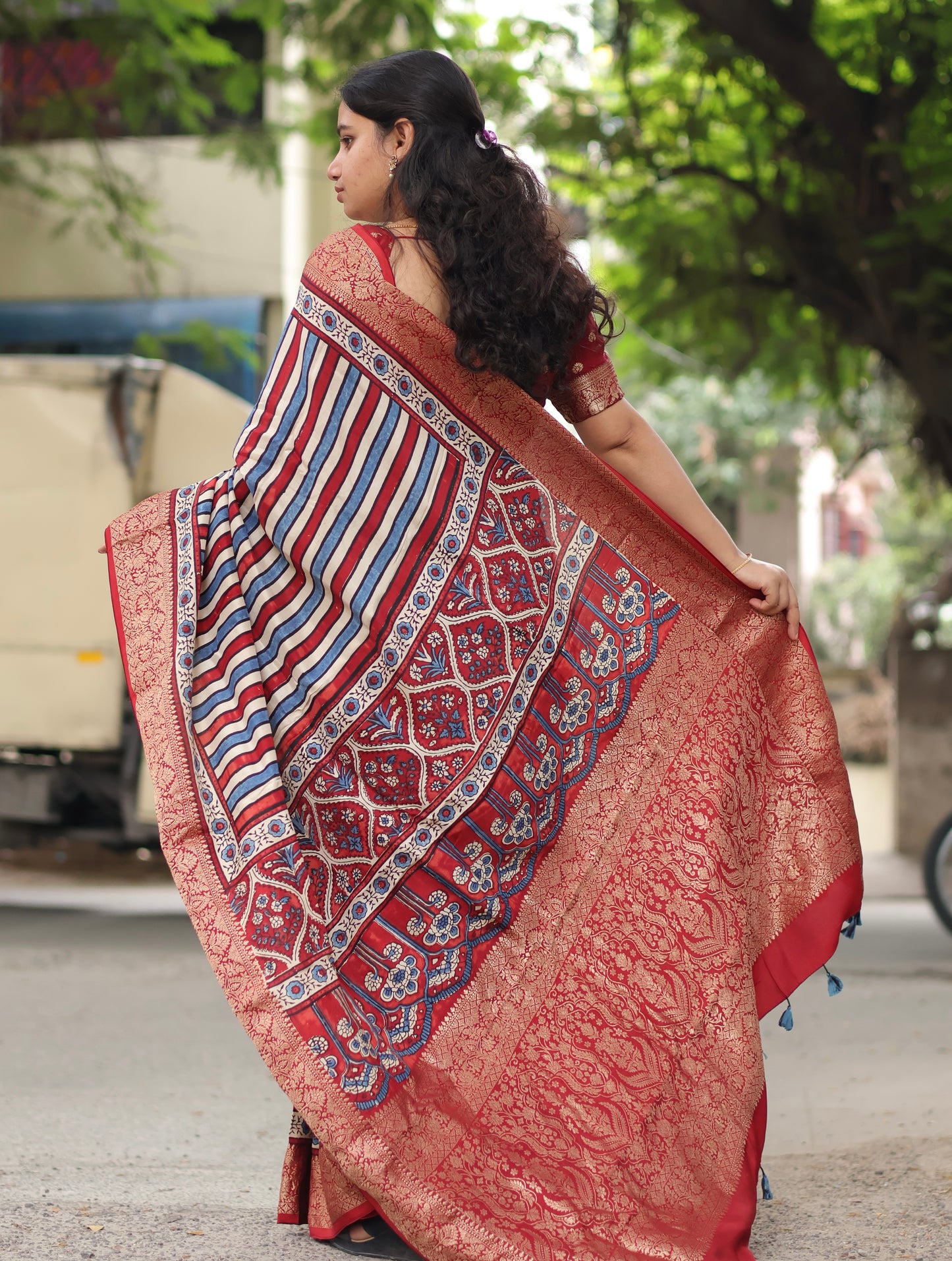 Stripes Ajrakh Dola Silk Saree