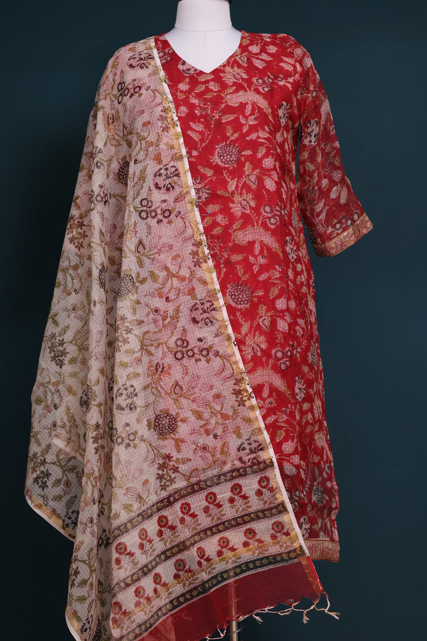 Red Handblock printed kota 3 piece suit (stitched)