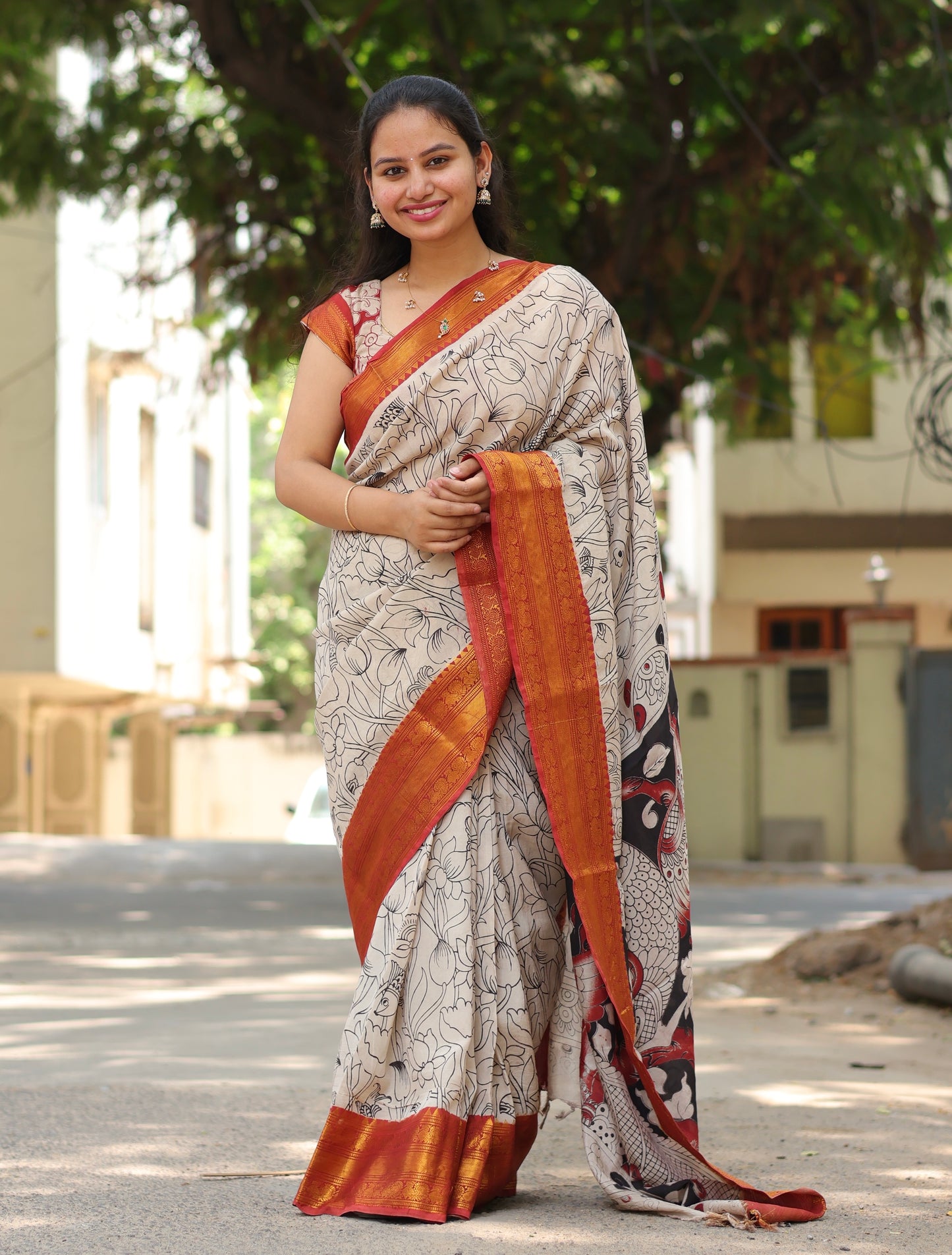 Kanchi Border Outline Kalamkari Silk Saree