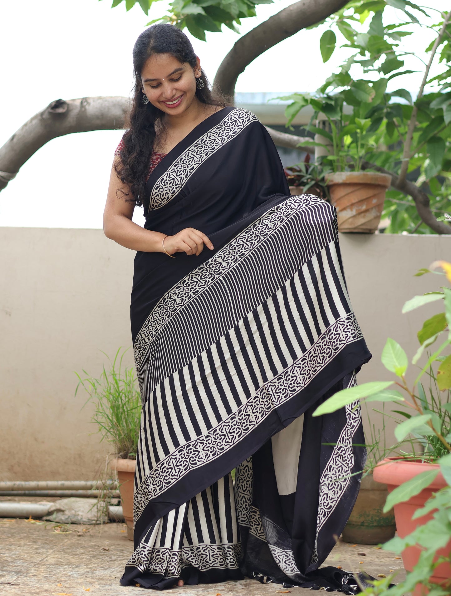 Black Ajrakh Modal Silk Saree