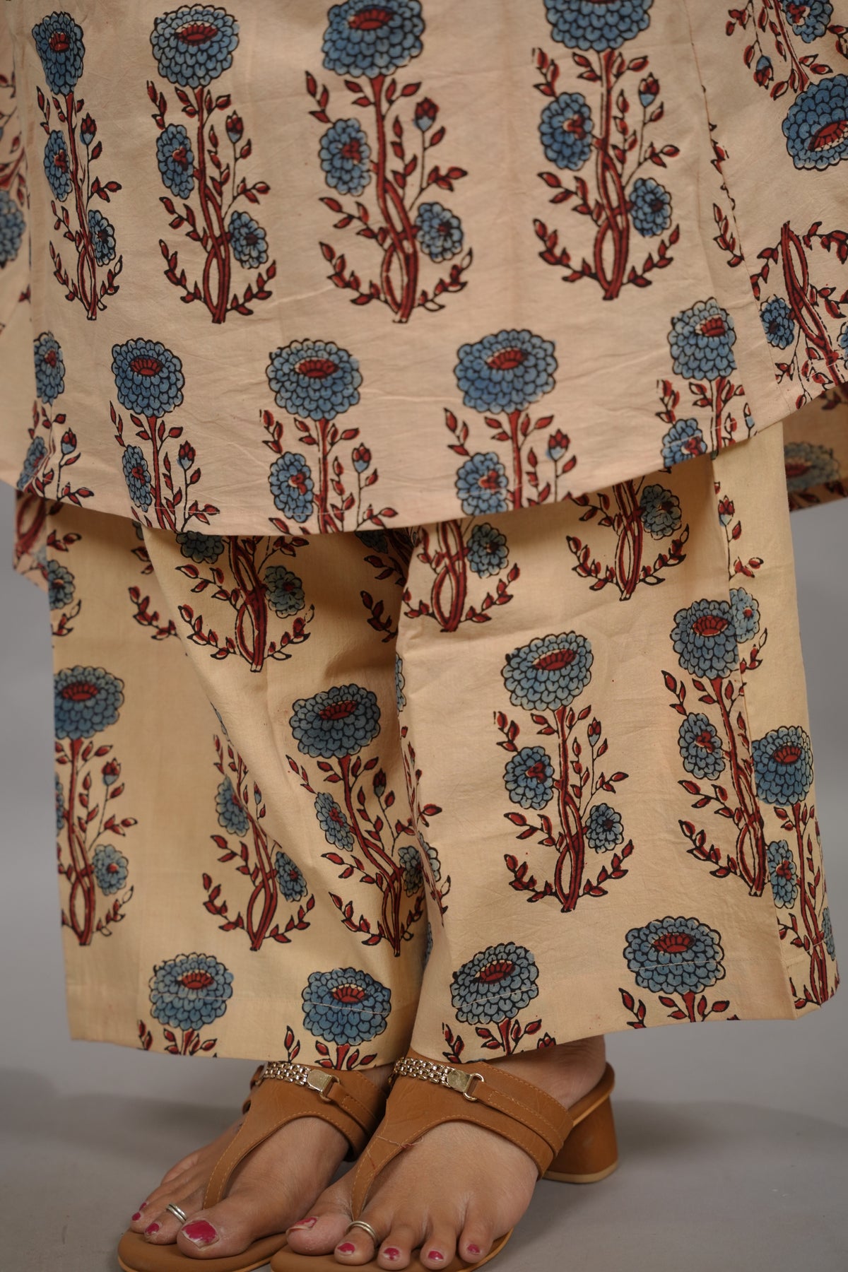 Cream Ajrakh Handblock Printed Kali Kurti Co-ord Set (Pure Cotton ) | Looms & Tassels