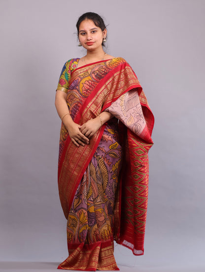Lavender Kanchi Pattu Hand Painted Pen Kalamkari Saree