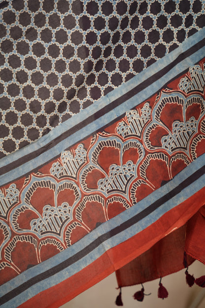 Black & Red Ajrakh Hand Block Printed Cotton Saree | Looms & Tassels