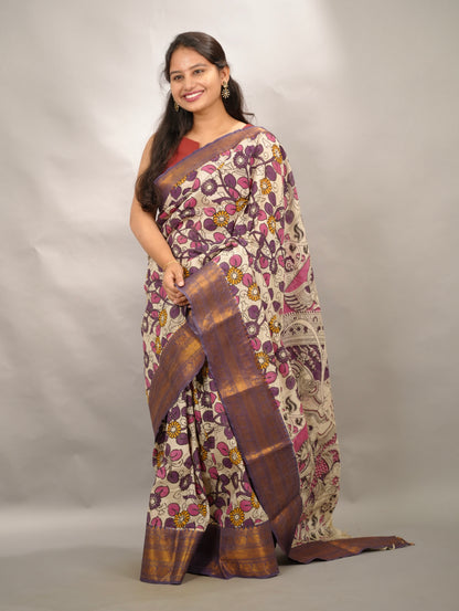 Off White Kanchi border Kalamkari chennur silk saree | Looms & Tassels