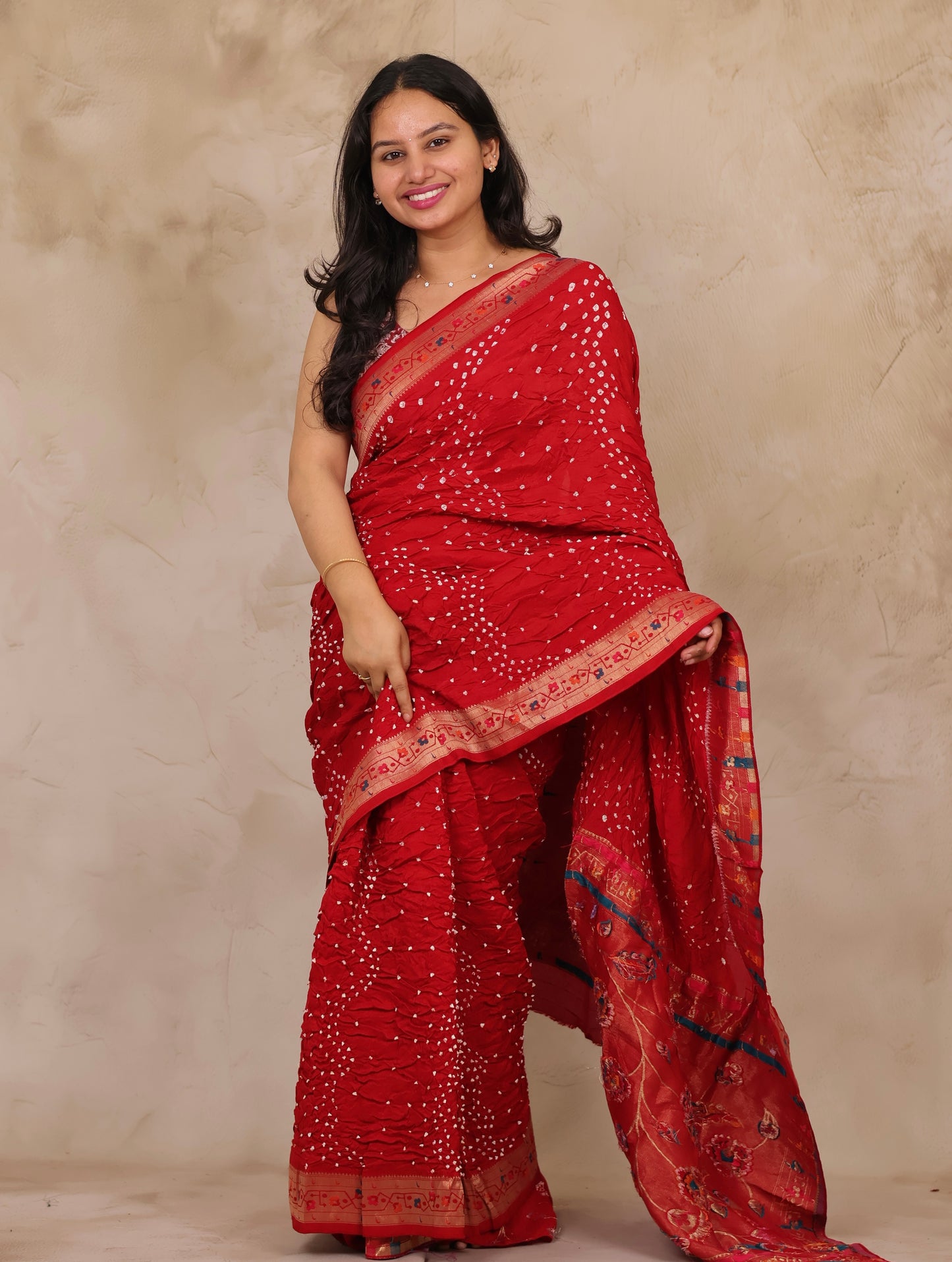 Red Handcrafted Pattern Bandhani Paithani Dola Silk Saree | Looms & Tassels