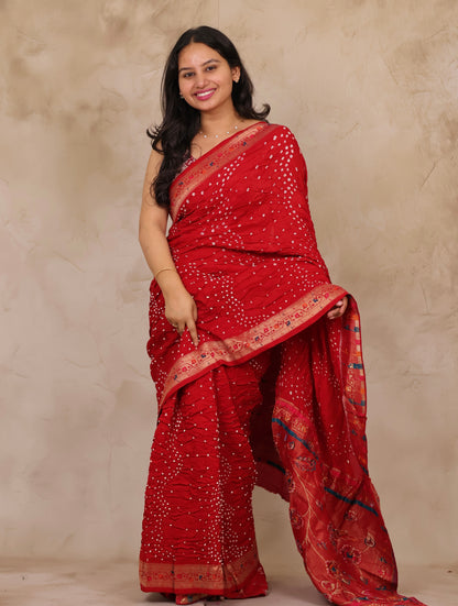 Red Handcrafted Pattern Bandhani Paithani Dola Silk Saree | Looms & Tassels
