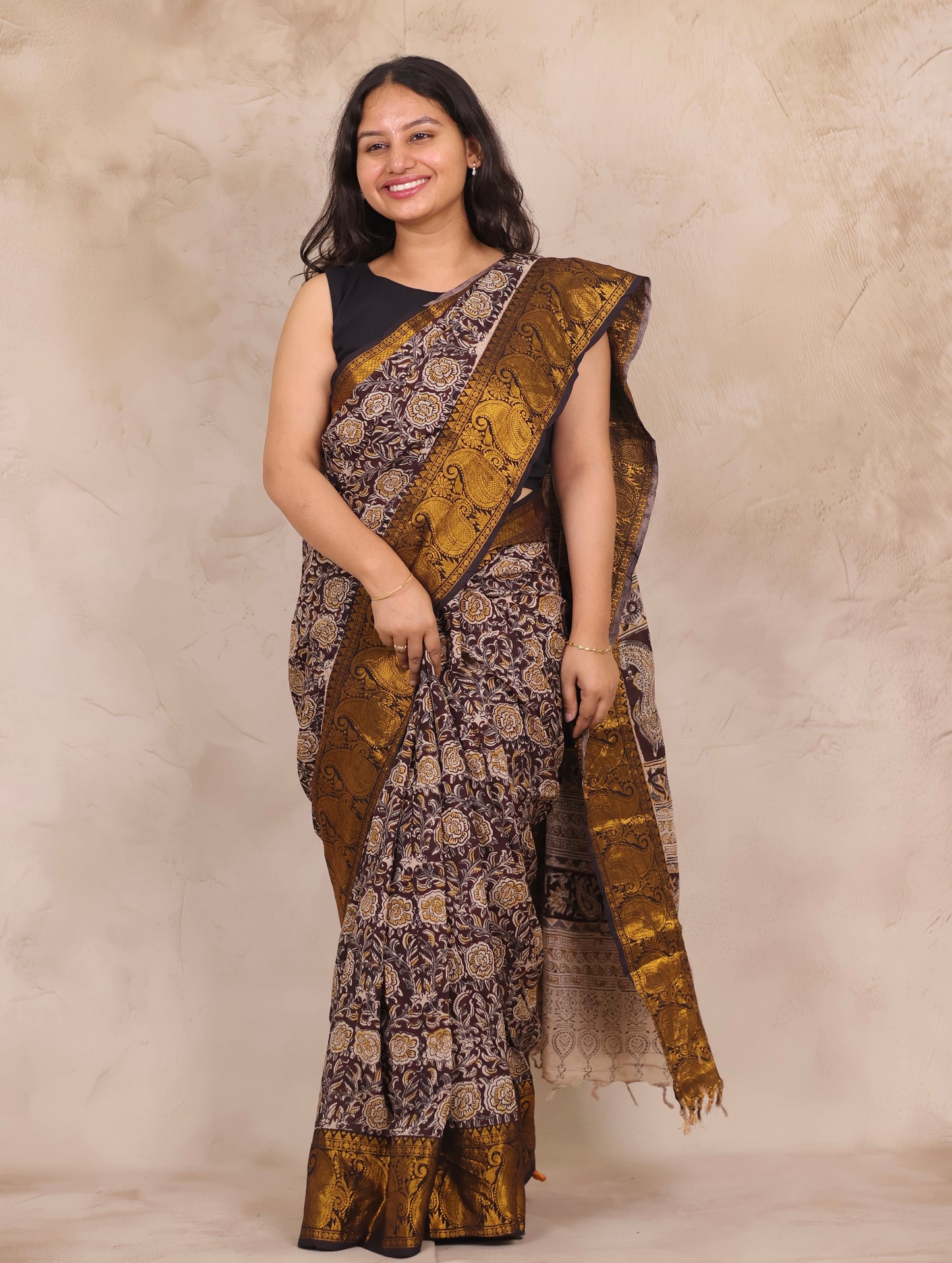 Hand Block Printed Kalamkari Kanchi Border Silk Saree